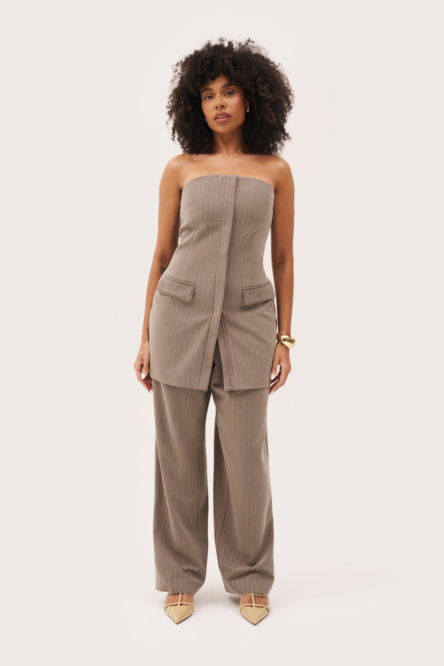 Pinstripe Bandeau Dress - Taupe