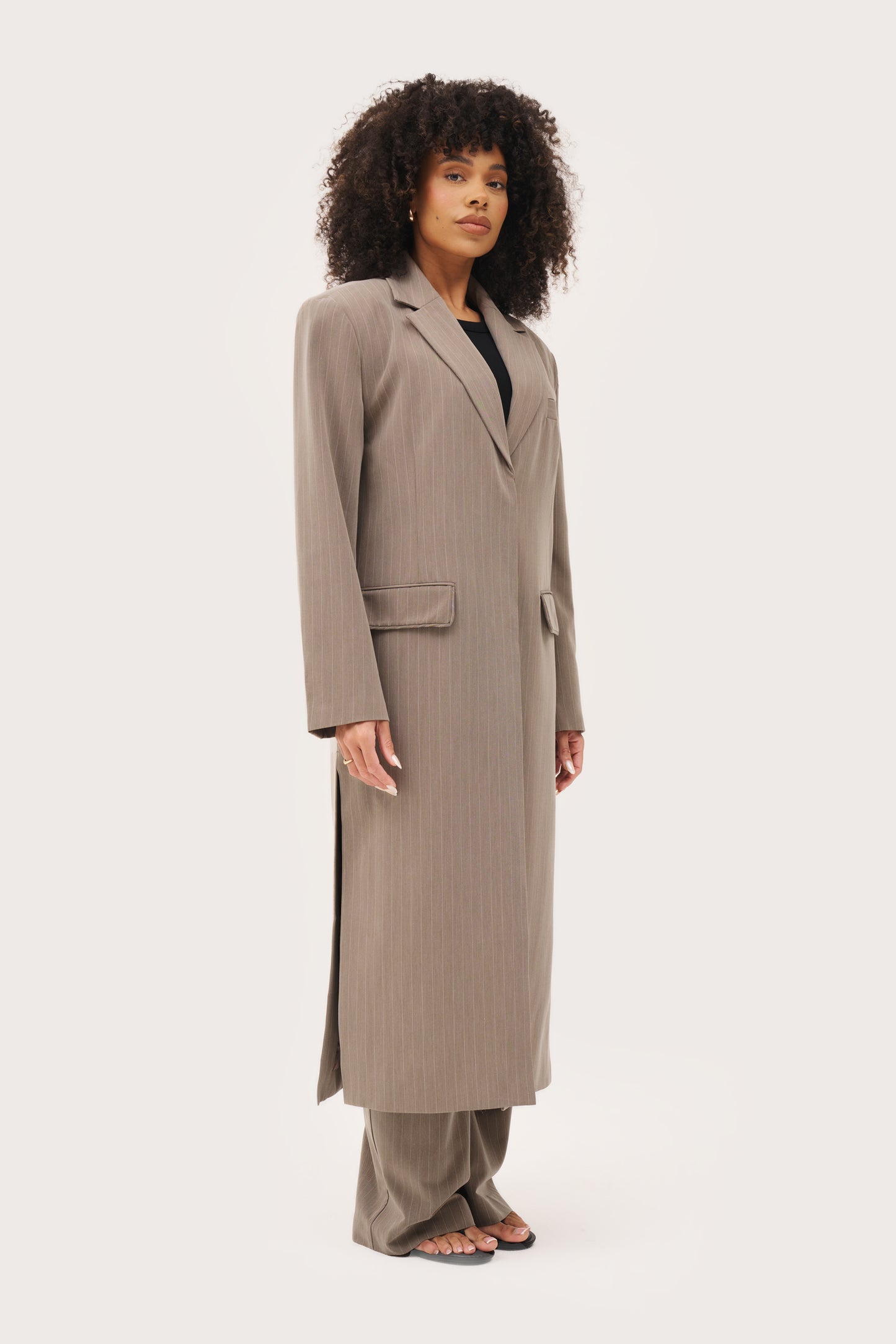 Pinstripe Longline Blazer Coat - Taupe