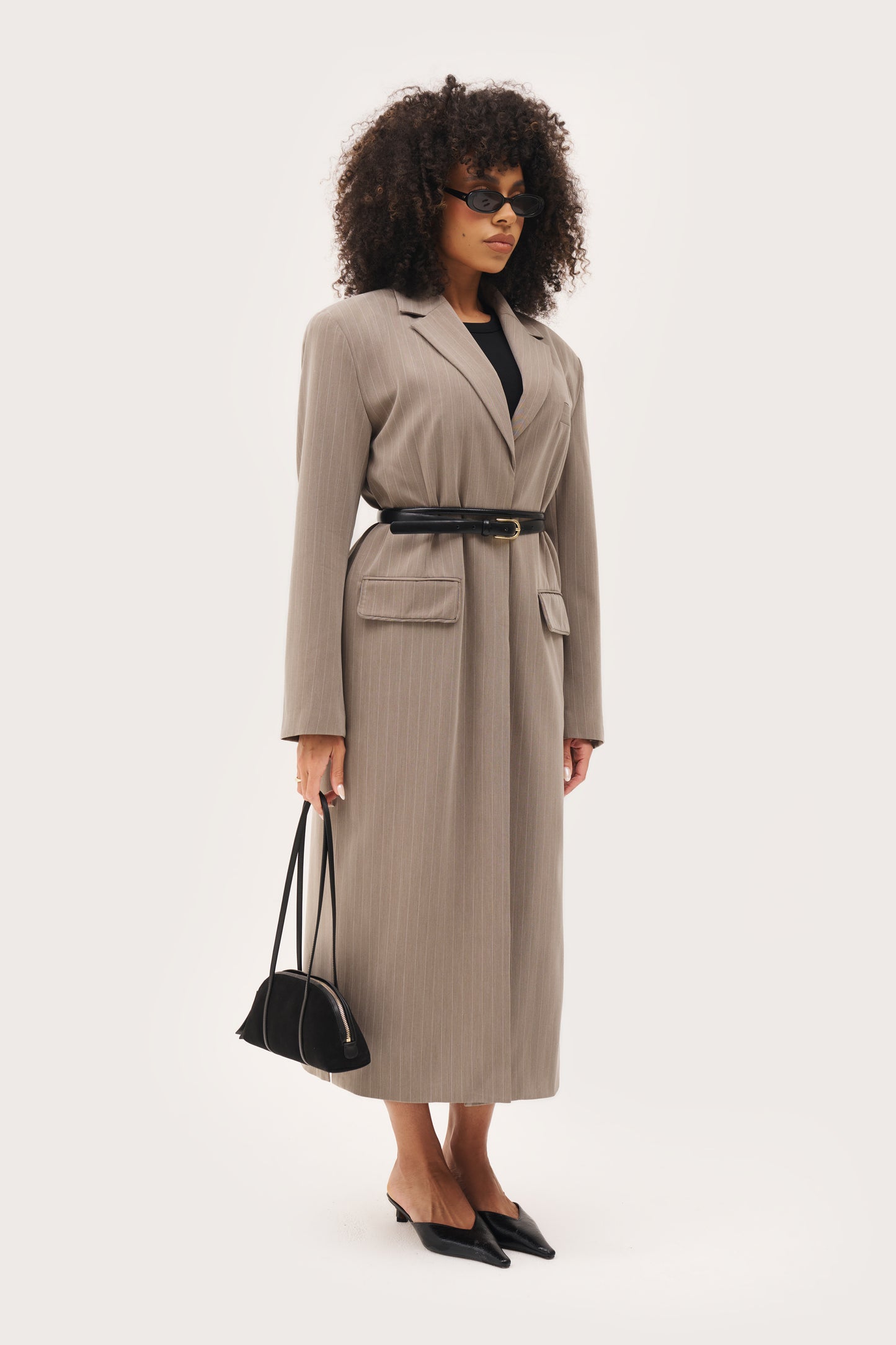 Pinstripe Longline Blazer Coat - Taupe