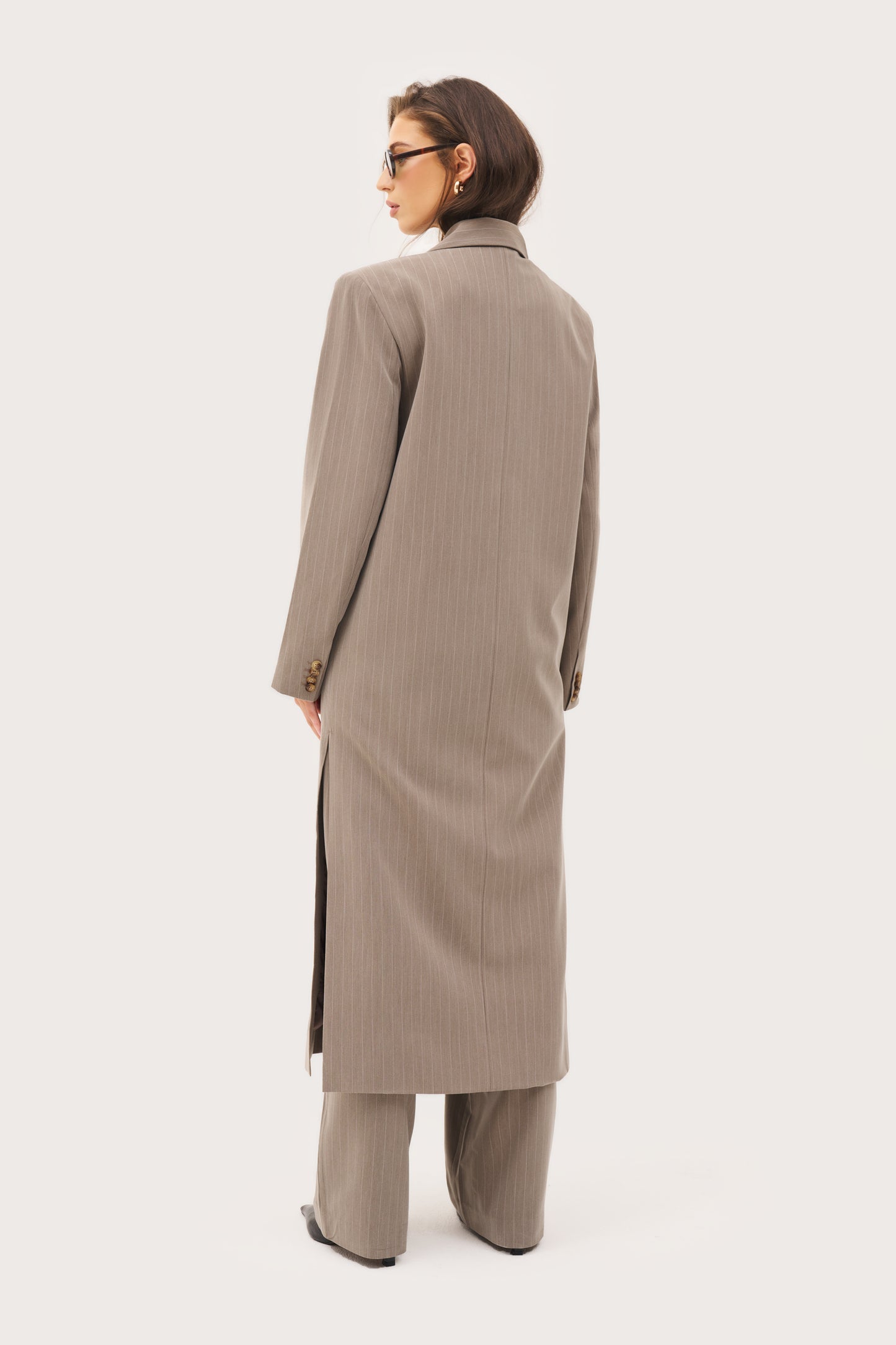 Pinstripe Longline Blazer Coat - Taupe