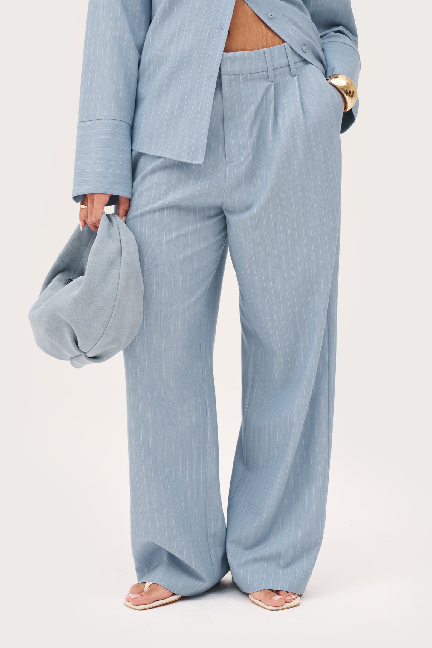 Pinstripe Tailored Trousers - Washed Blue