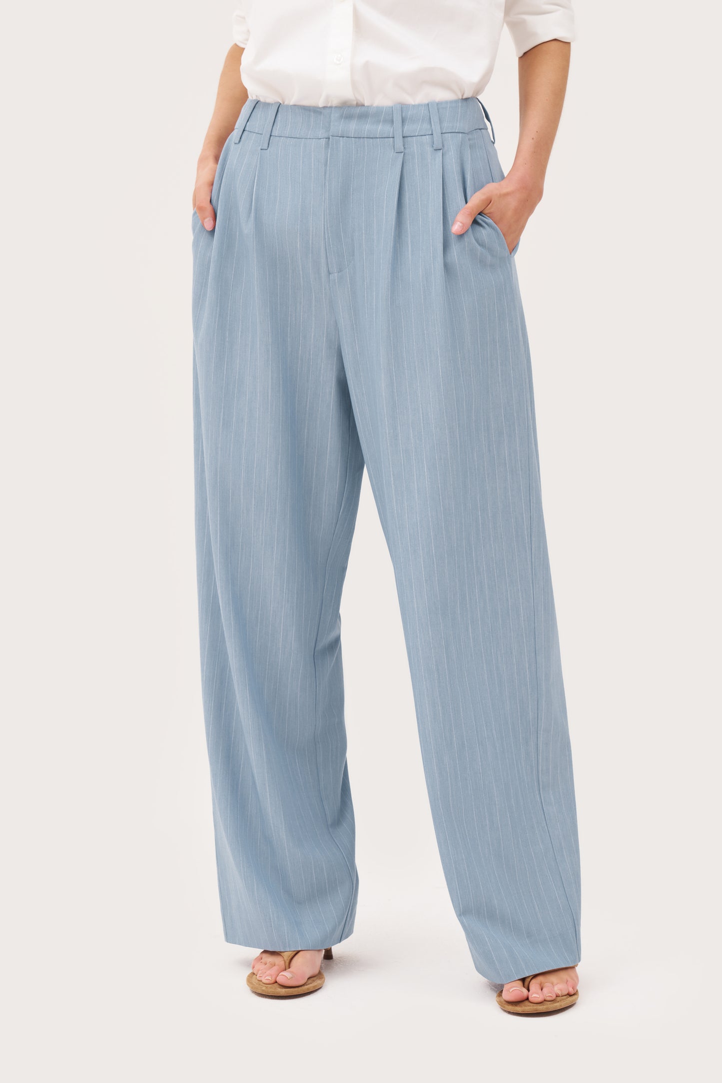 Pinstripe Tailored Trousers - Washed Blue