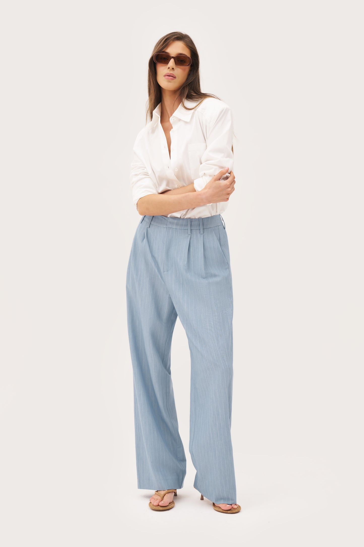 Pinstripe Tailored Trousers - Washed Blue