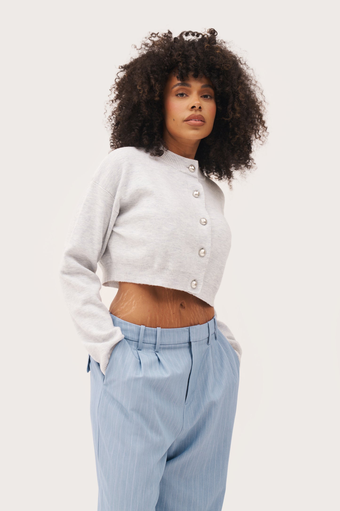 Cosy Cropped Cardigan - Light Grey Marl