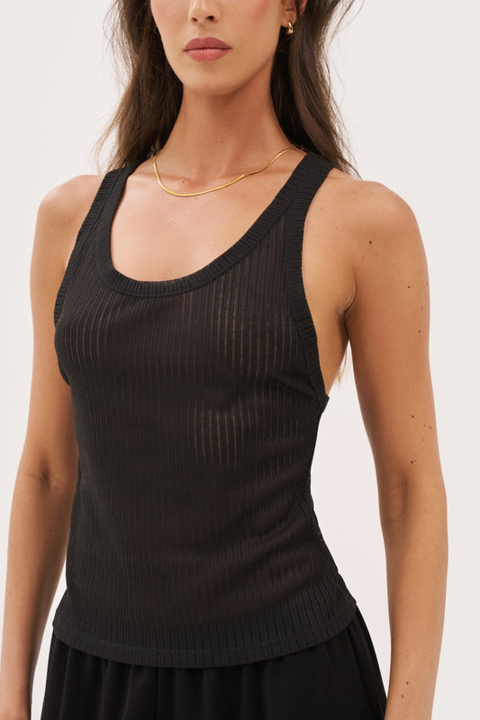 Semi Sheer Y Back Vest - Black