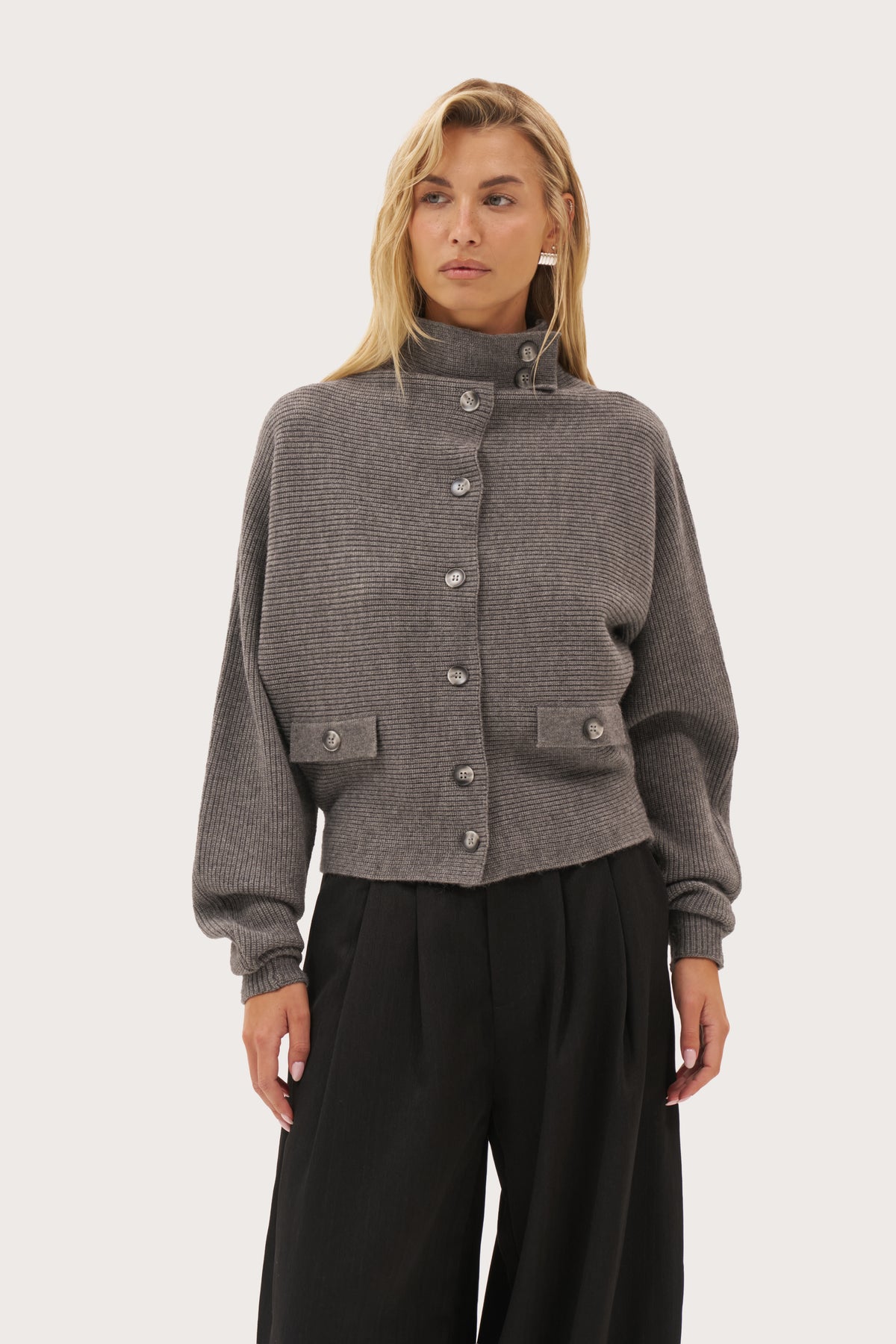 Stand Collar Knitted Jacket - Dark Grey