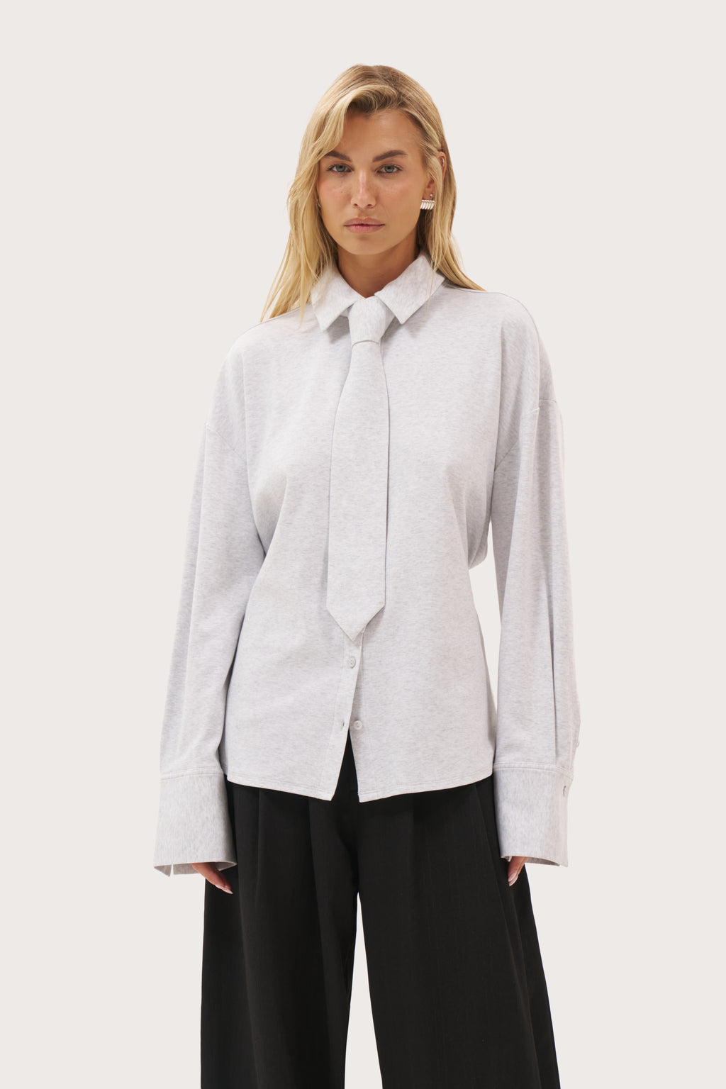 Button Back Fitted Shirt - Light Grey Marl