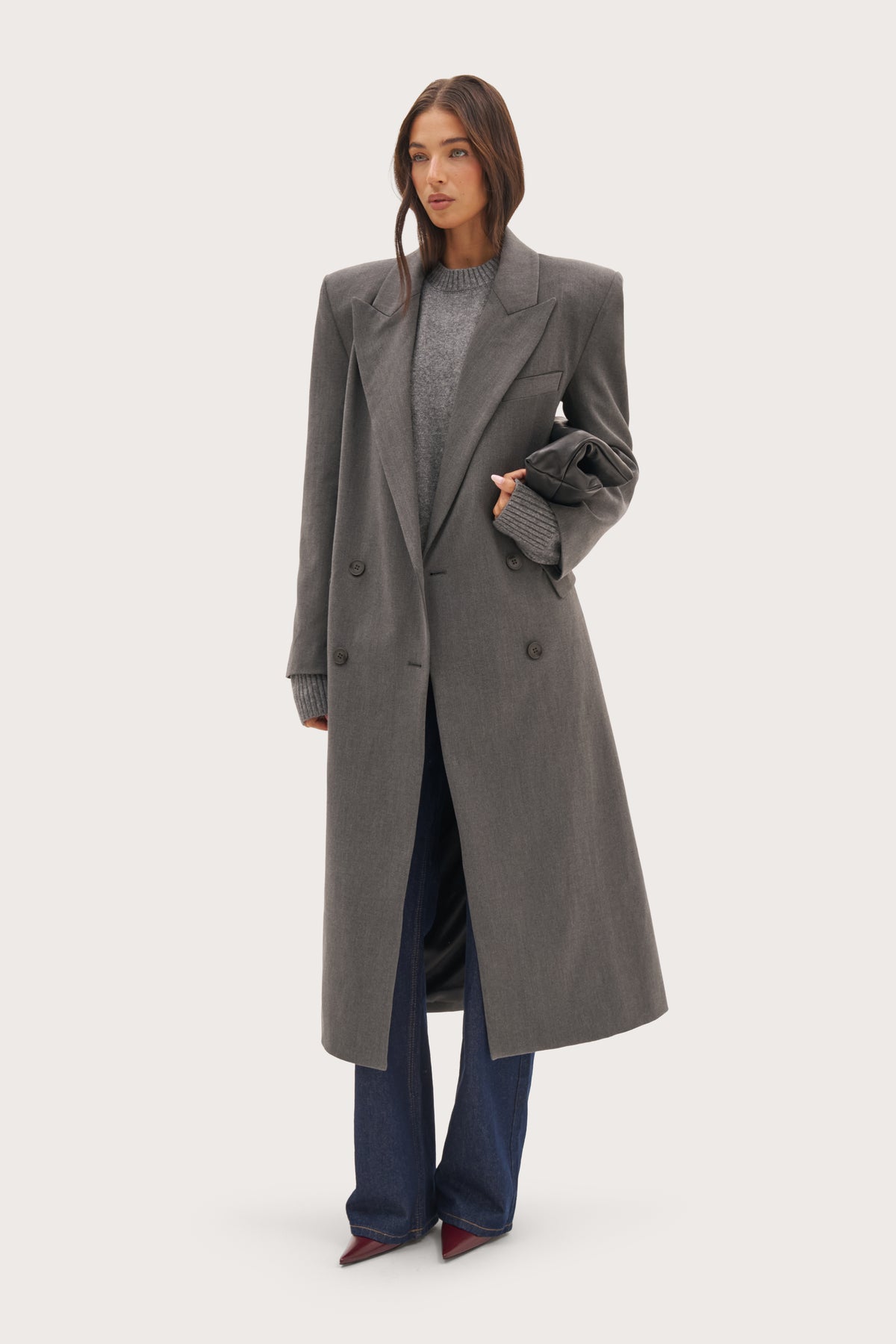 Mae Herringbone Long Coat - Grey