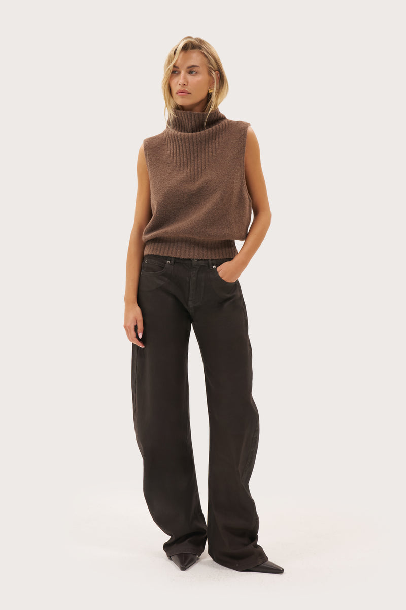 Cowl Textured Knit Top - Brown