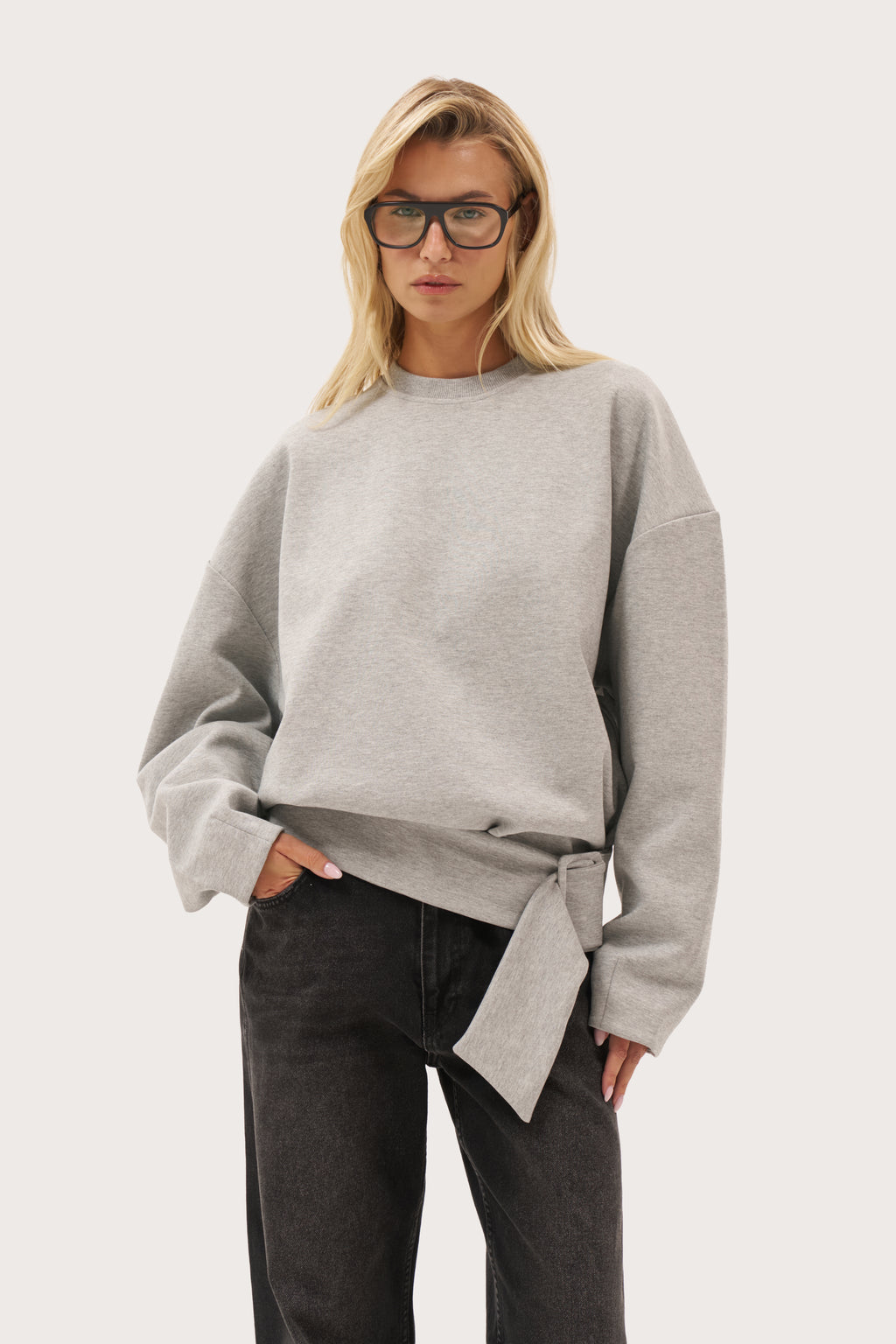 Belted Long Sleeve Top - Grey Marl