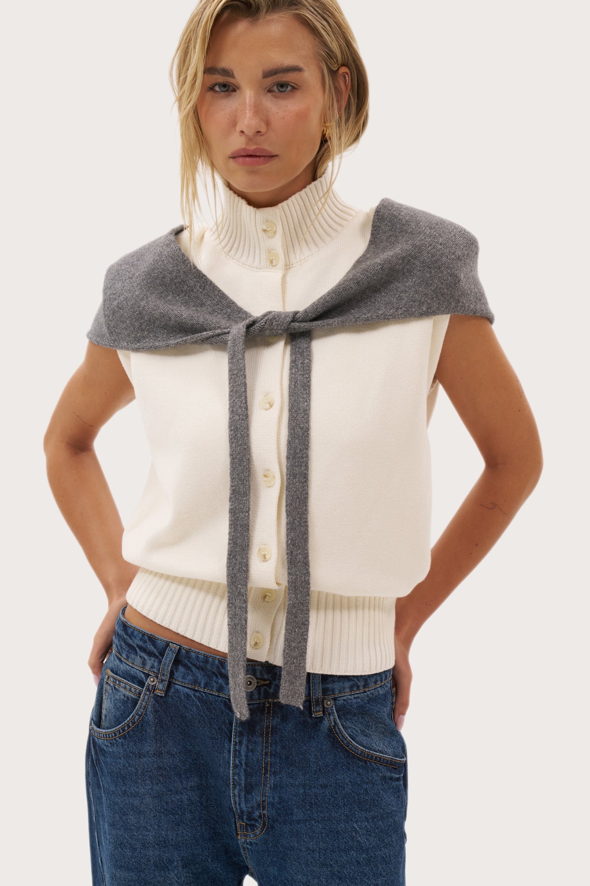 Knitted 2-in-1 Tie Scarf - Dark Grey