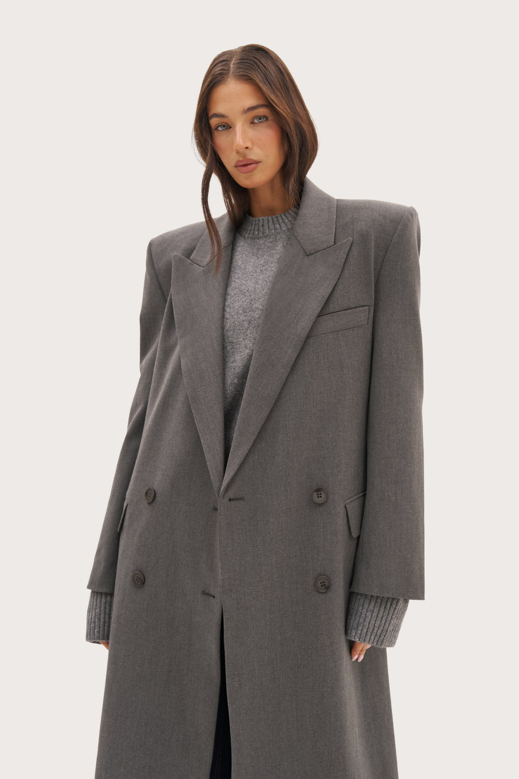 Mae Herringbone Long Coat - Grey