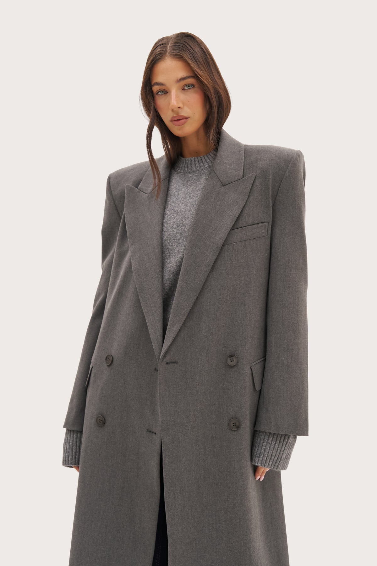 Mae Herringbone Long Coat - Grey