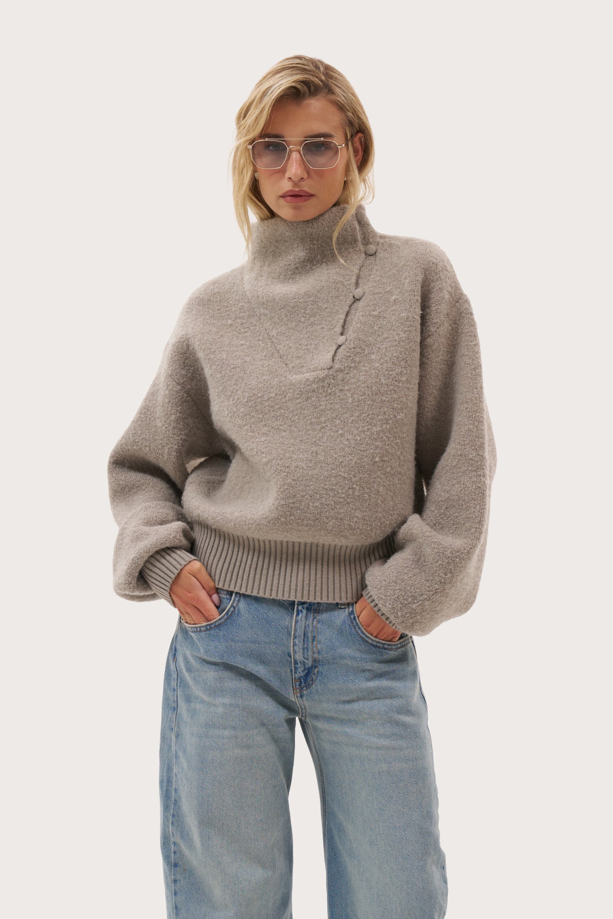 Slouch Button Collar Jumper - Beige