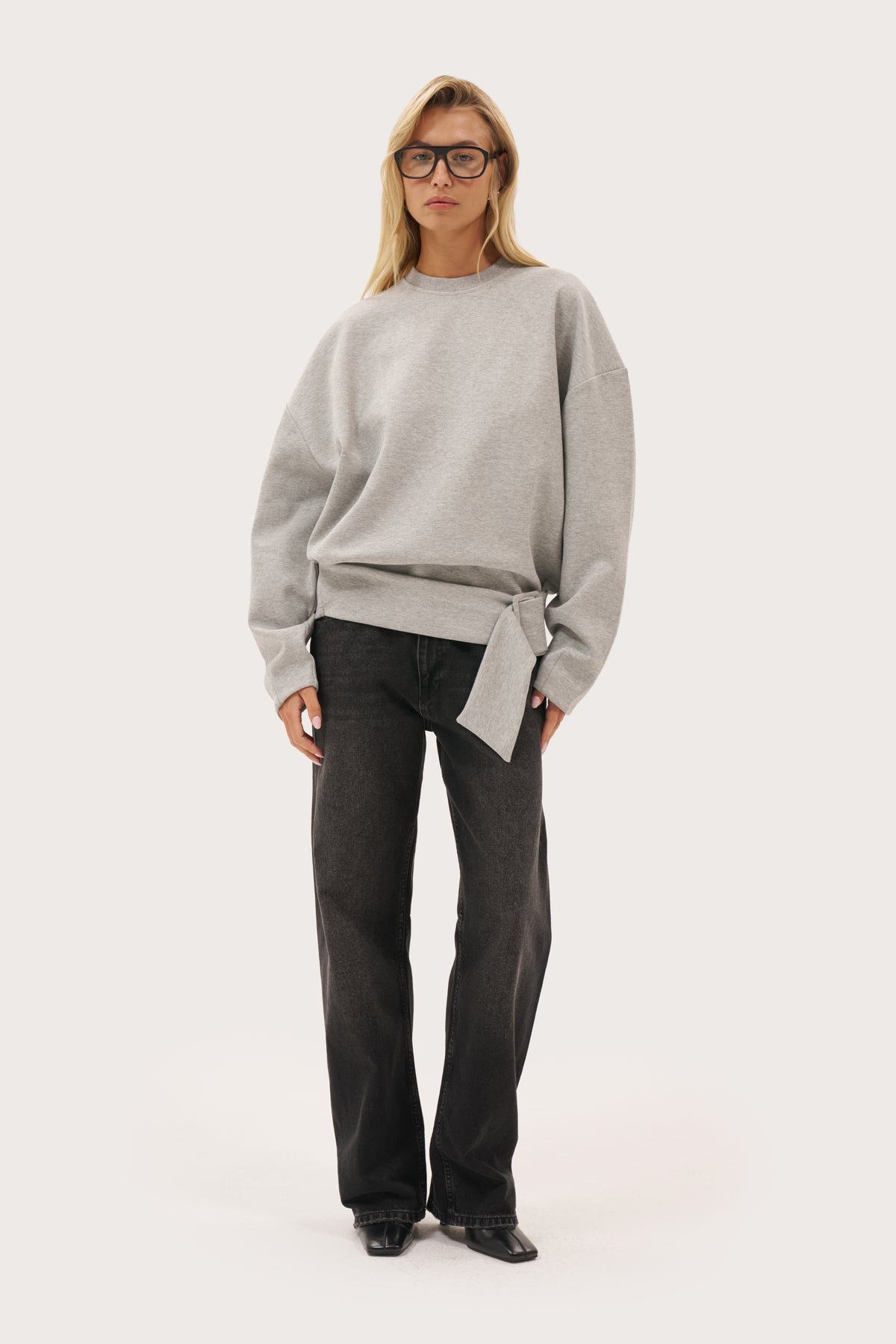Belted Long Sleeve Top - Grey Marl