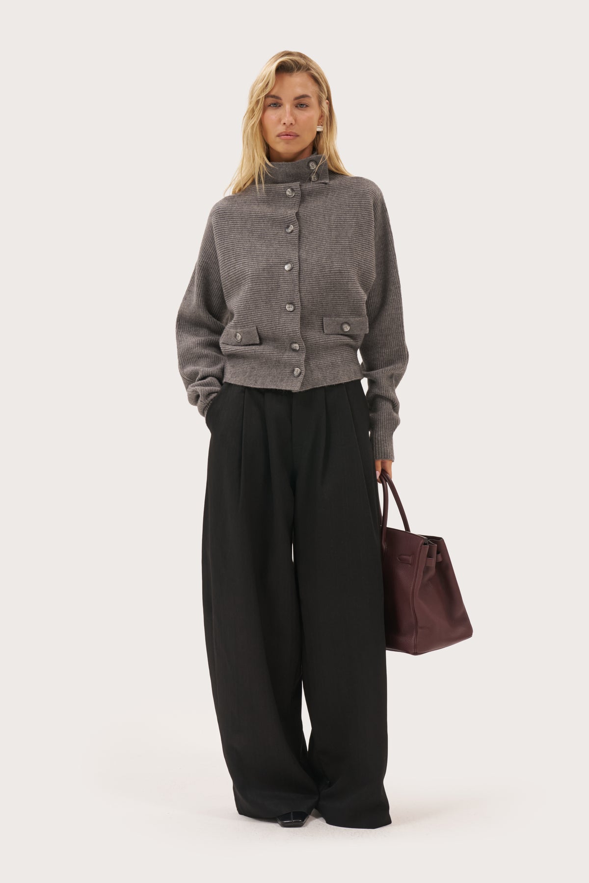 Stand Collar Knitted Jacket - Dark Grey