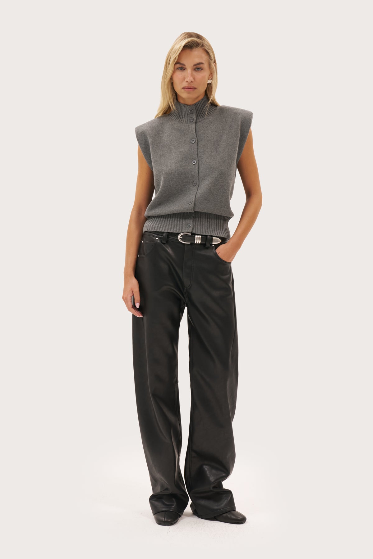 Button Through Knit Top - Grey