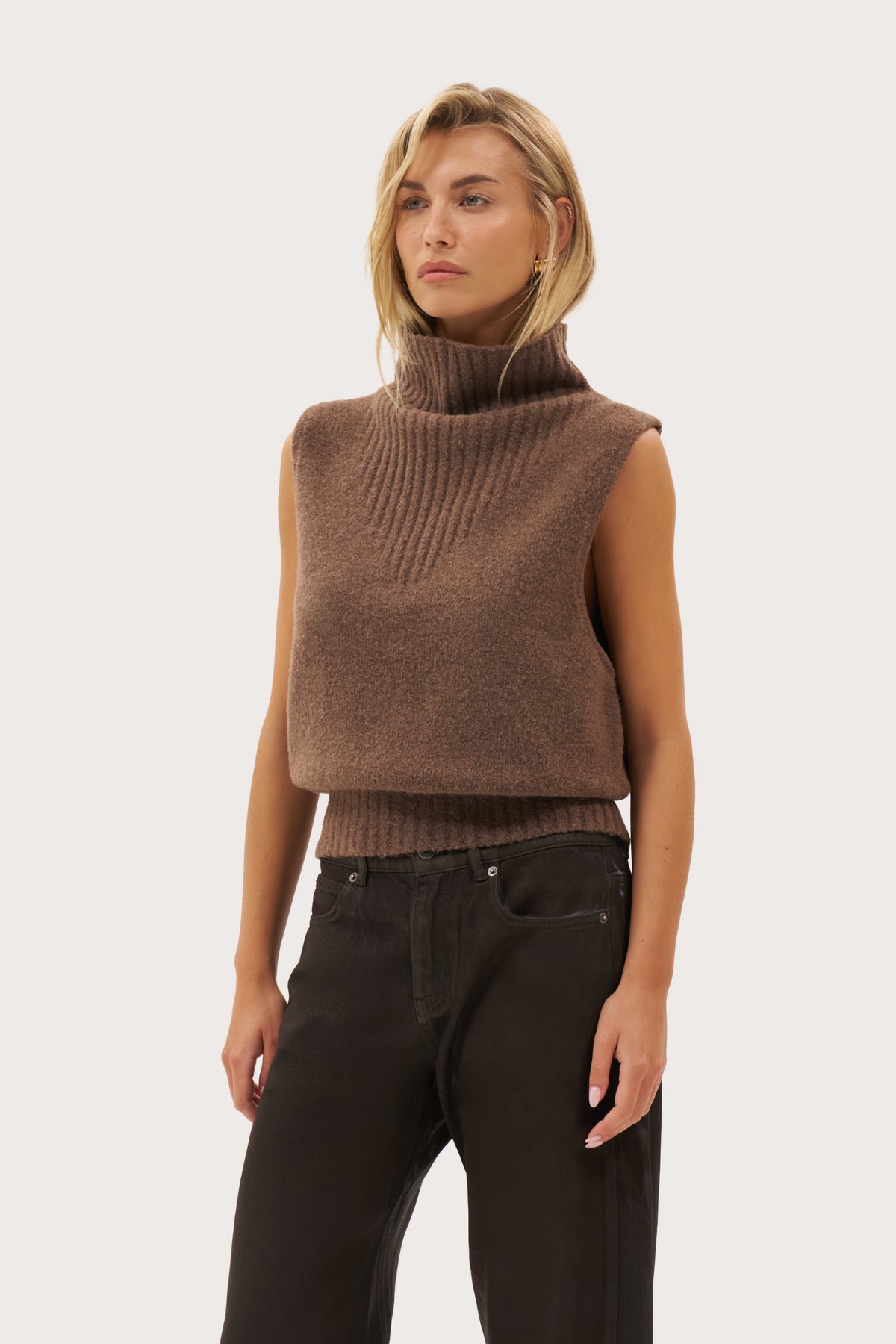 Cowl Textured Knit Top - Brown