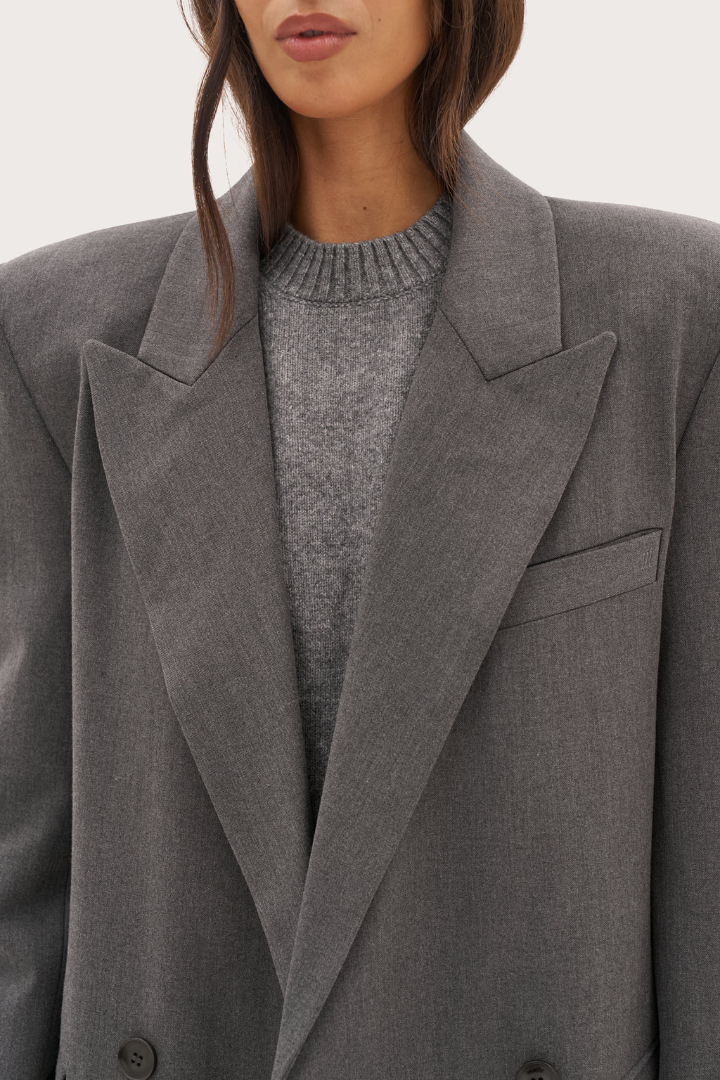Mae Herringbone Long Coat - Grey