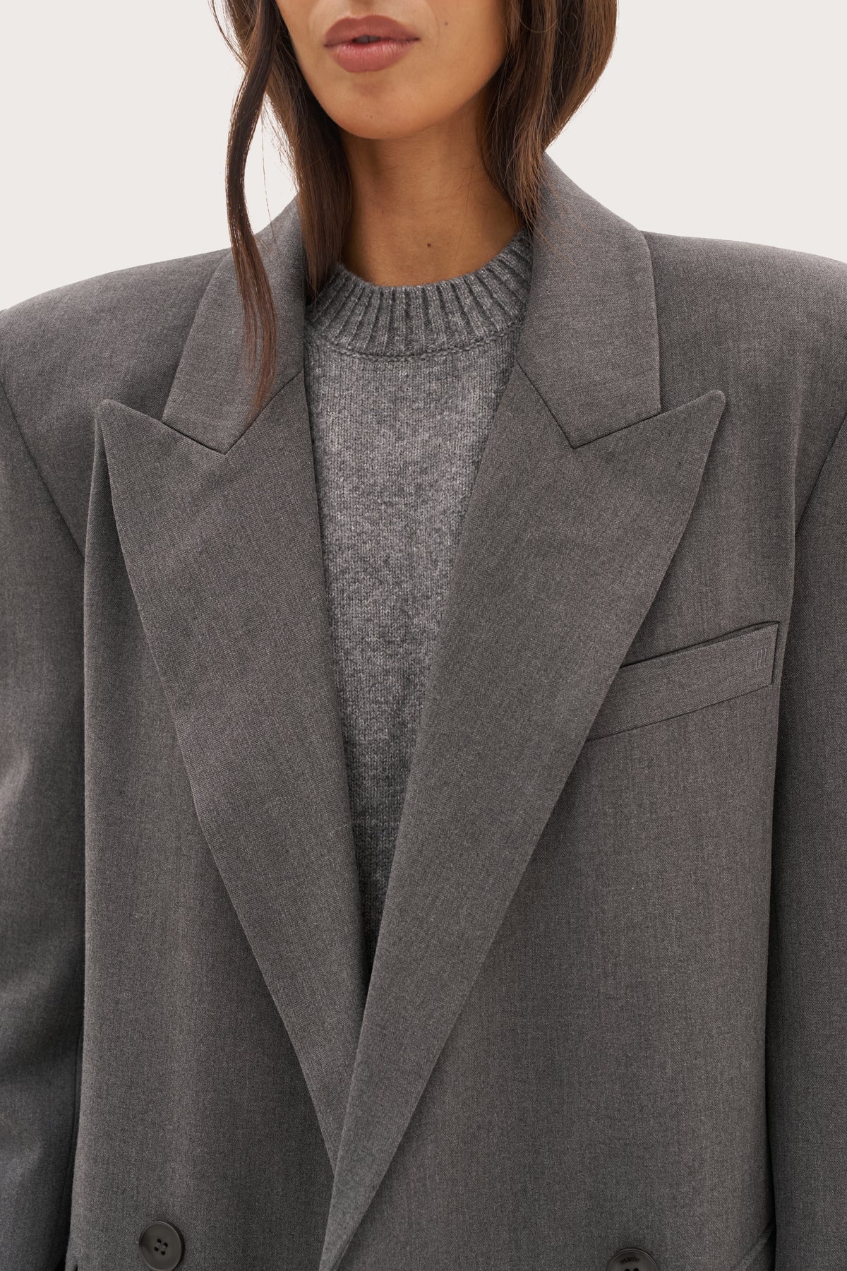 Mae Herringbone Long Coat - Grey