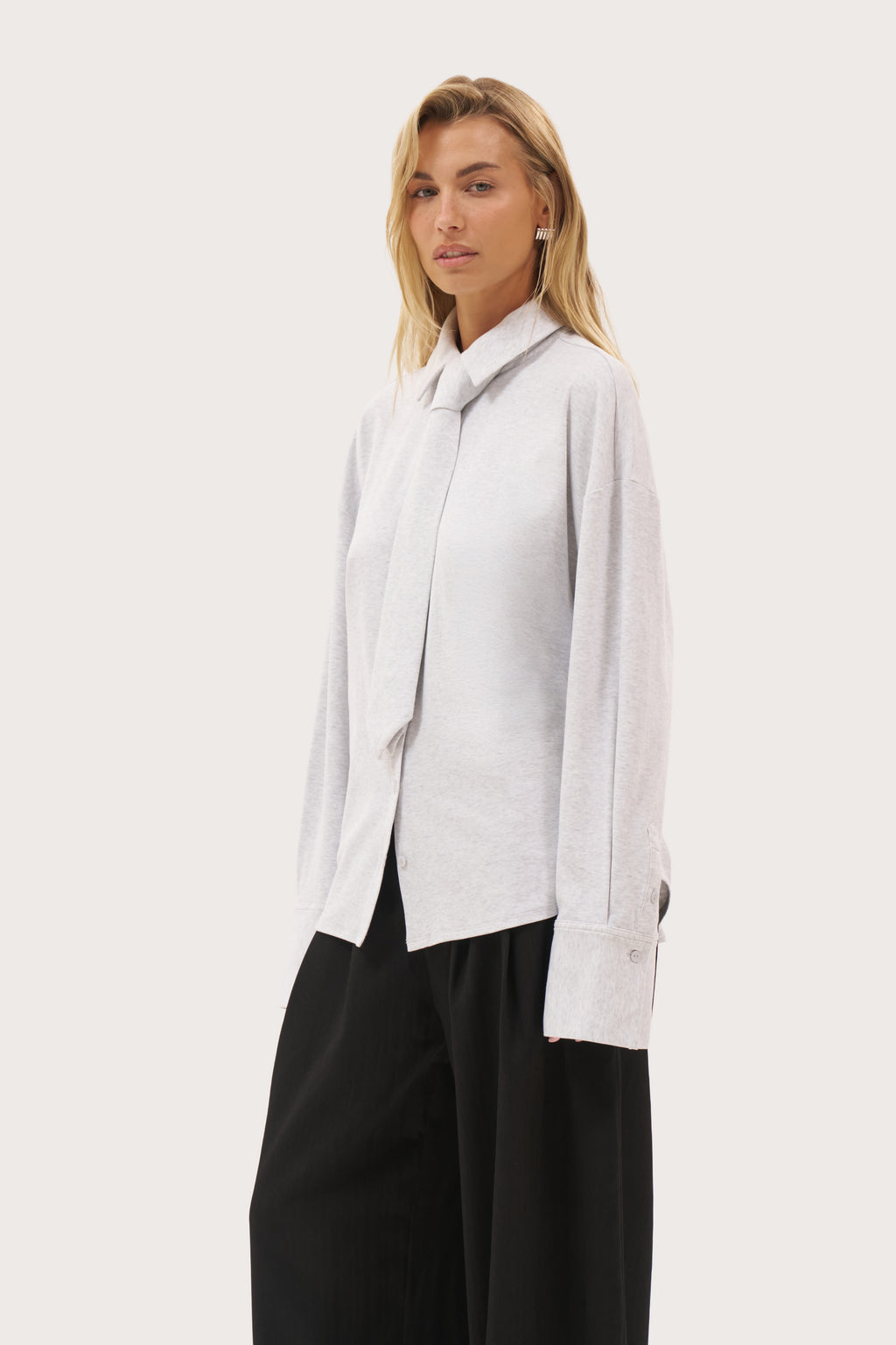 Button Back Fitted Shirt - Light Grey Marl