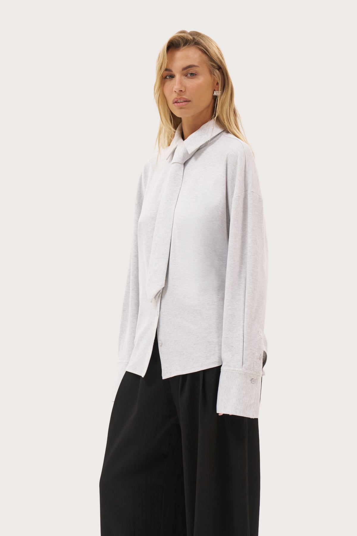 Button Back Fitted Shirt - Light Grey Marl