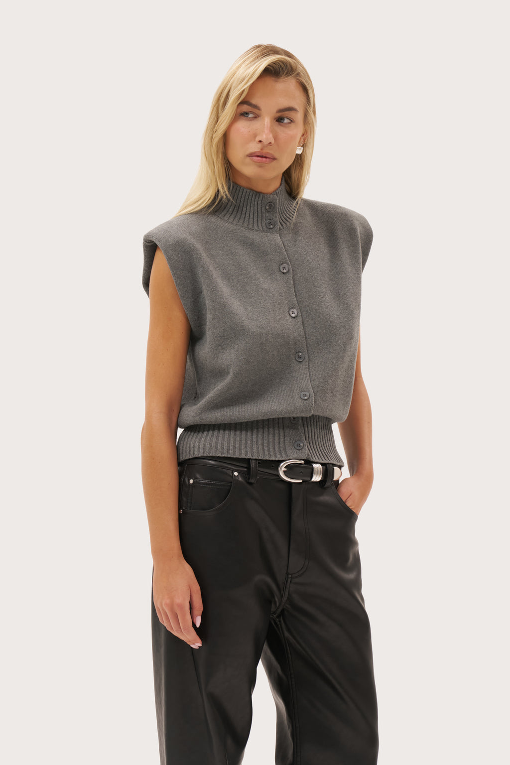 Button Through Knit Top - Grey