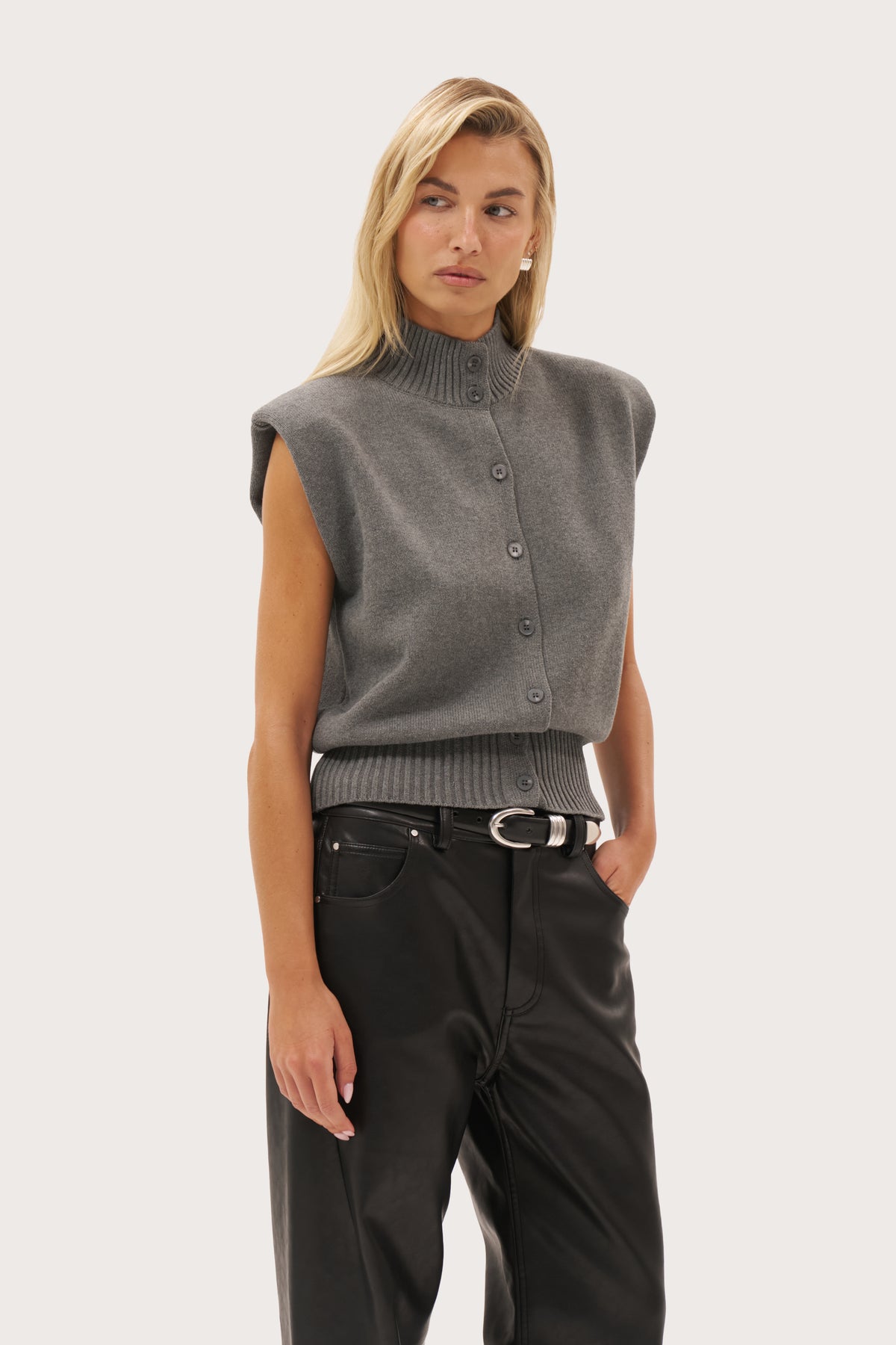 Button Through Knit Top - Grey