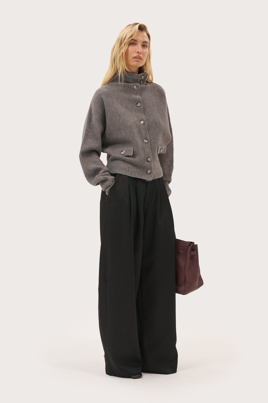 Stand Collar Knitted Jacket - Dark Grey