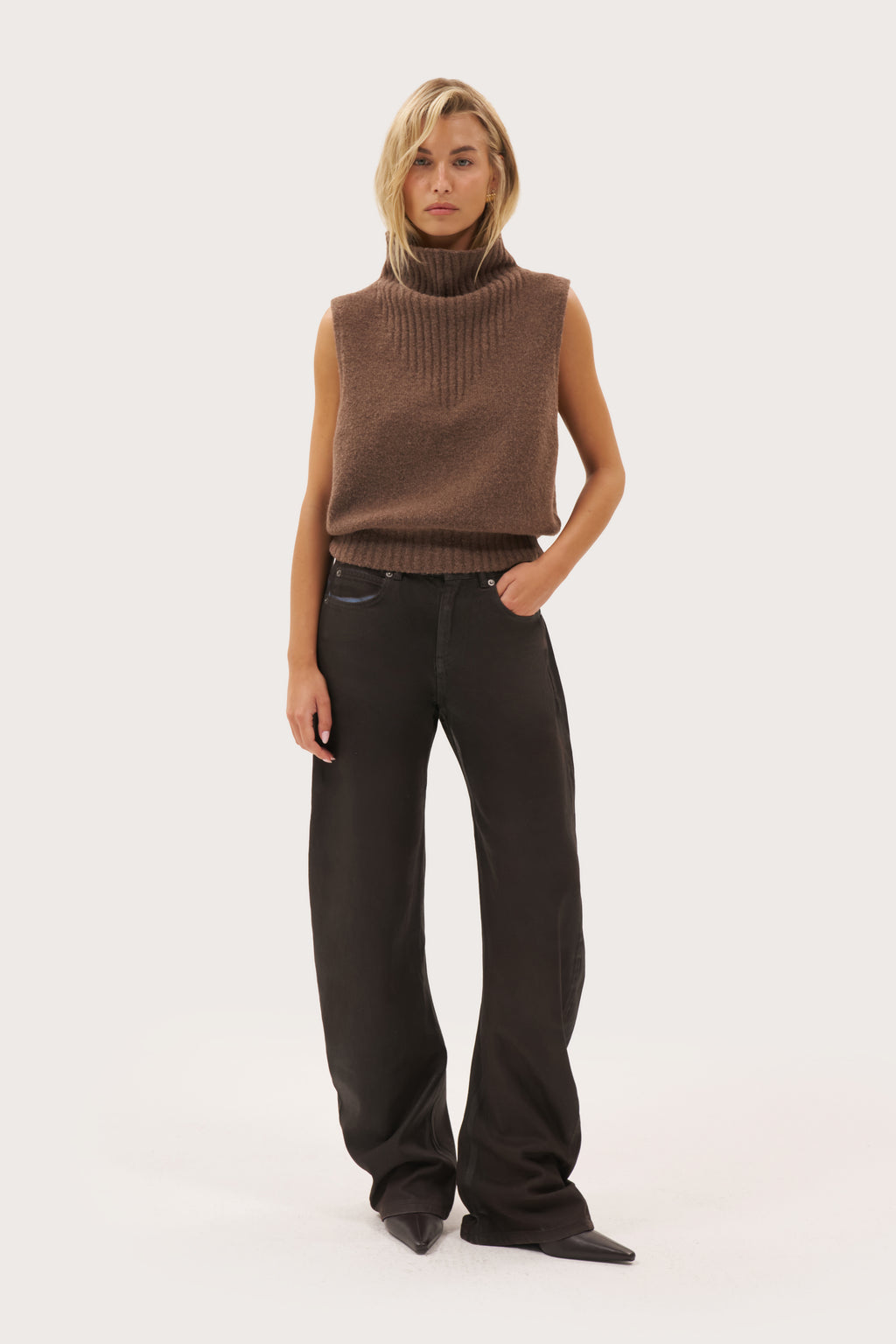 Cowl Textured Knit Top - Brown