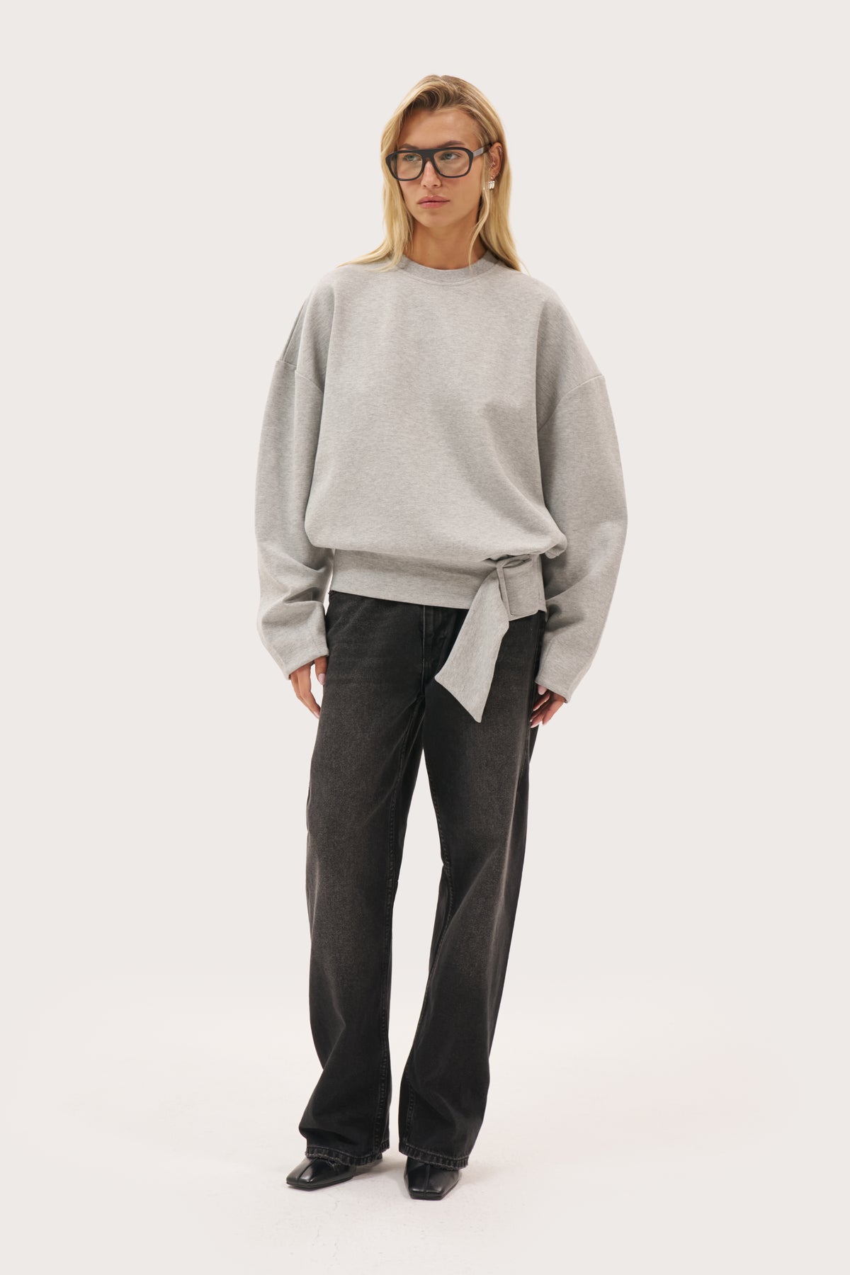 Belted Long Sleeve Top - Grey Marl