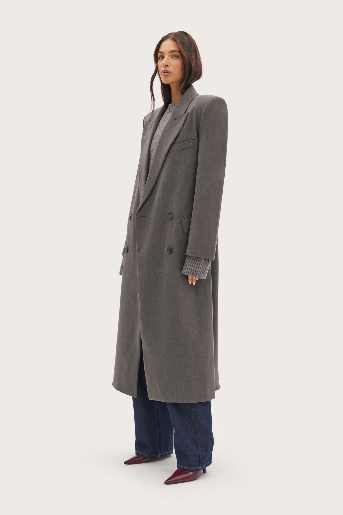 Mae Herringbone Long Coat - Grey