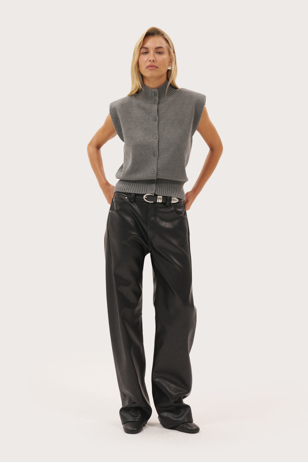 Button Through Knit Top - Grey
