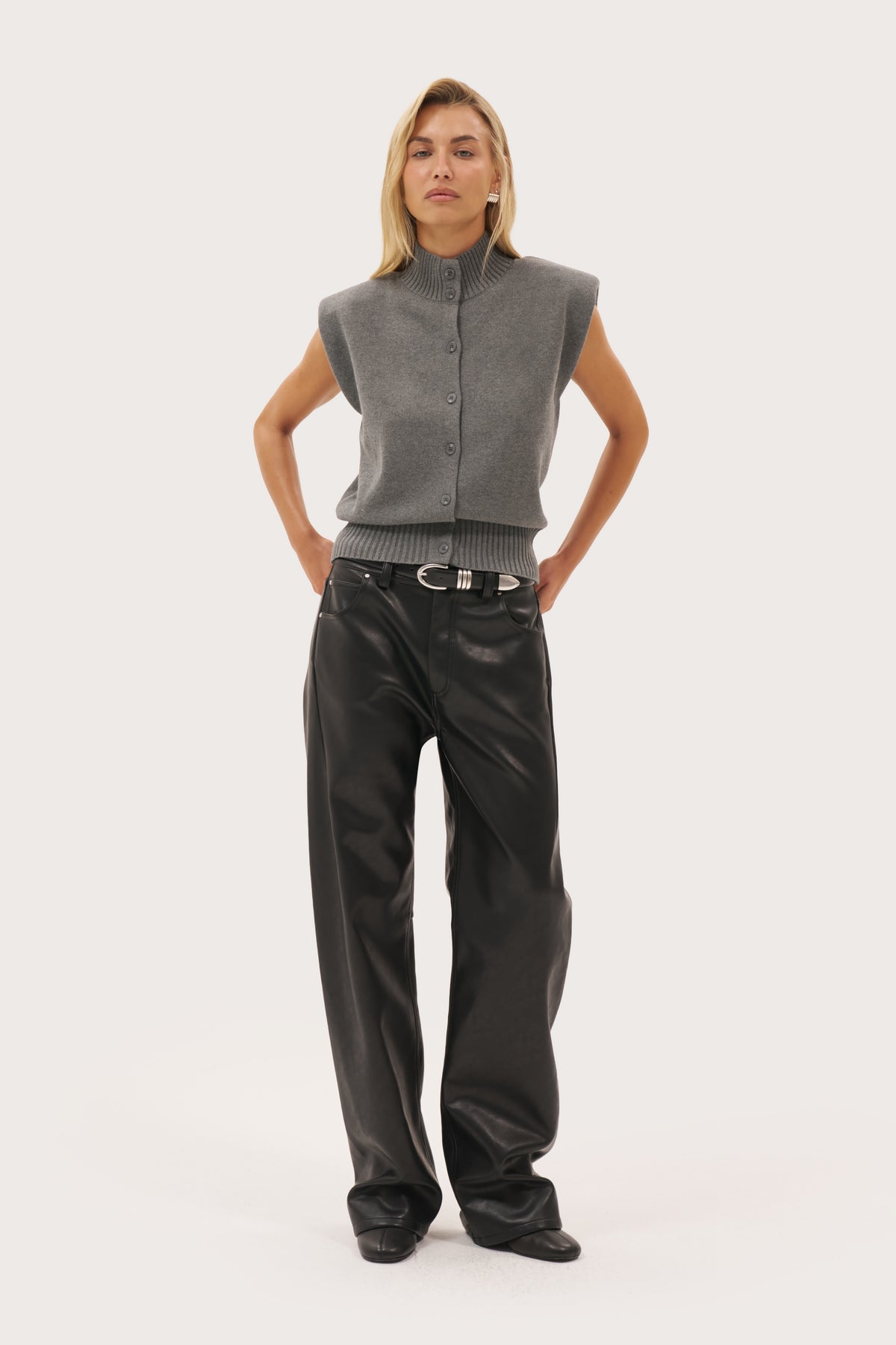 Button Through Knit Top - Grey