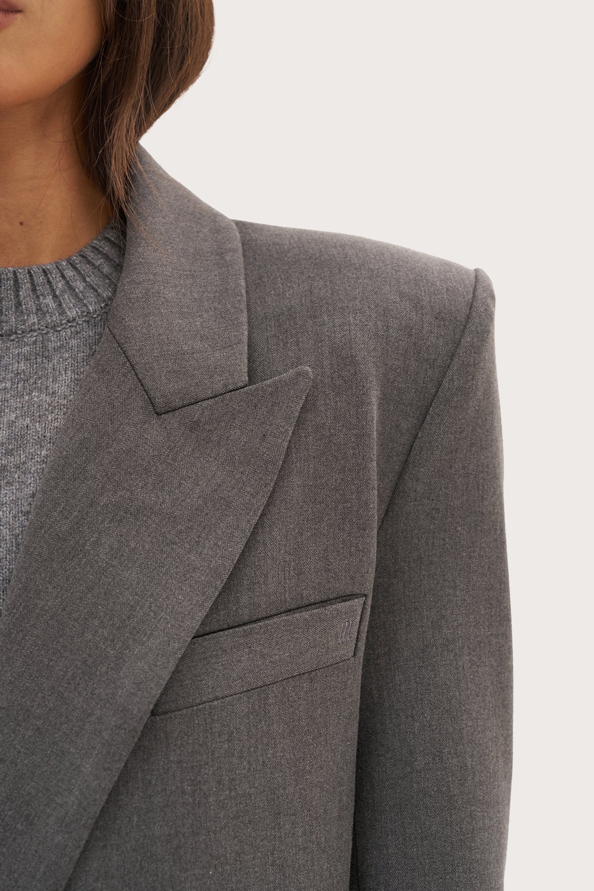 Mae Herringbone Long Coat - Grey
