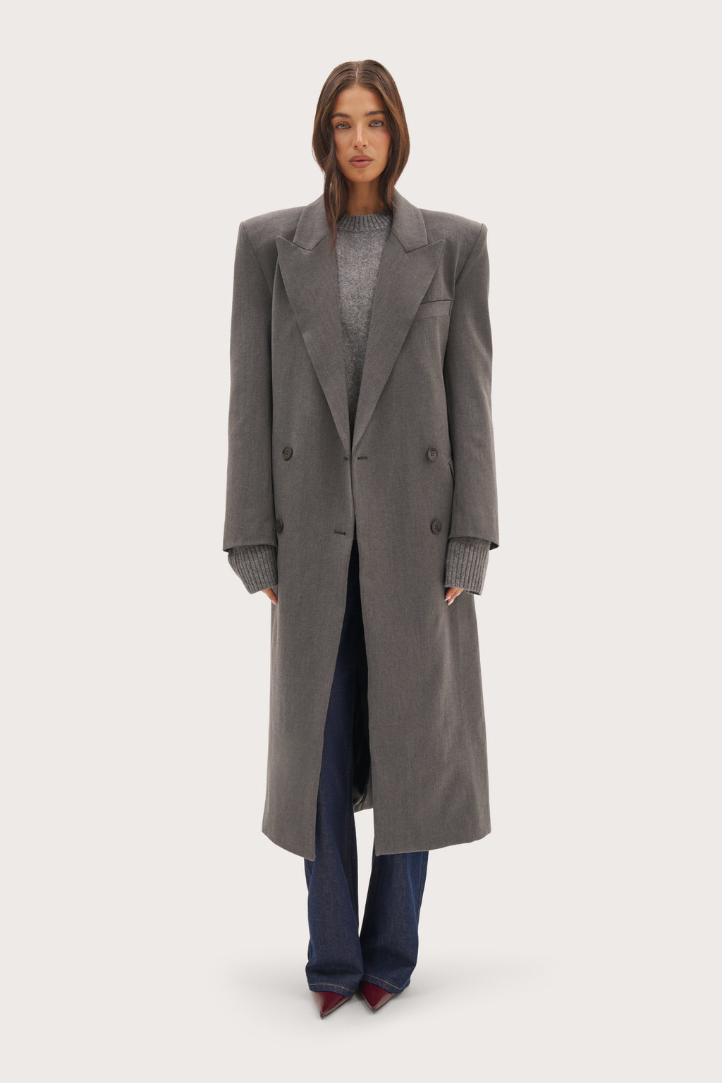 Mae Herringbone Long Coat - Grey