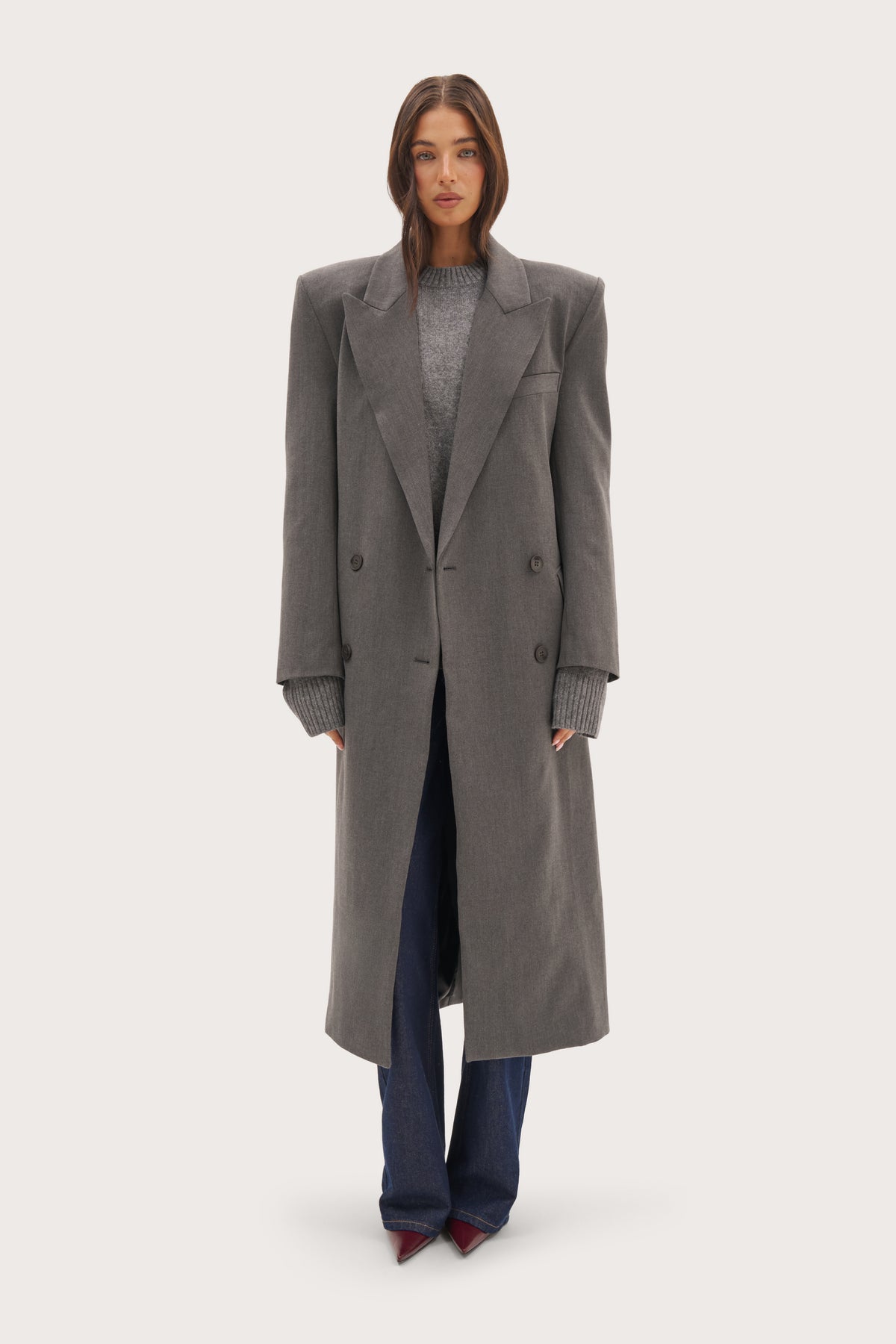 Mae Herringbone Long Coat - Grey