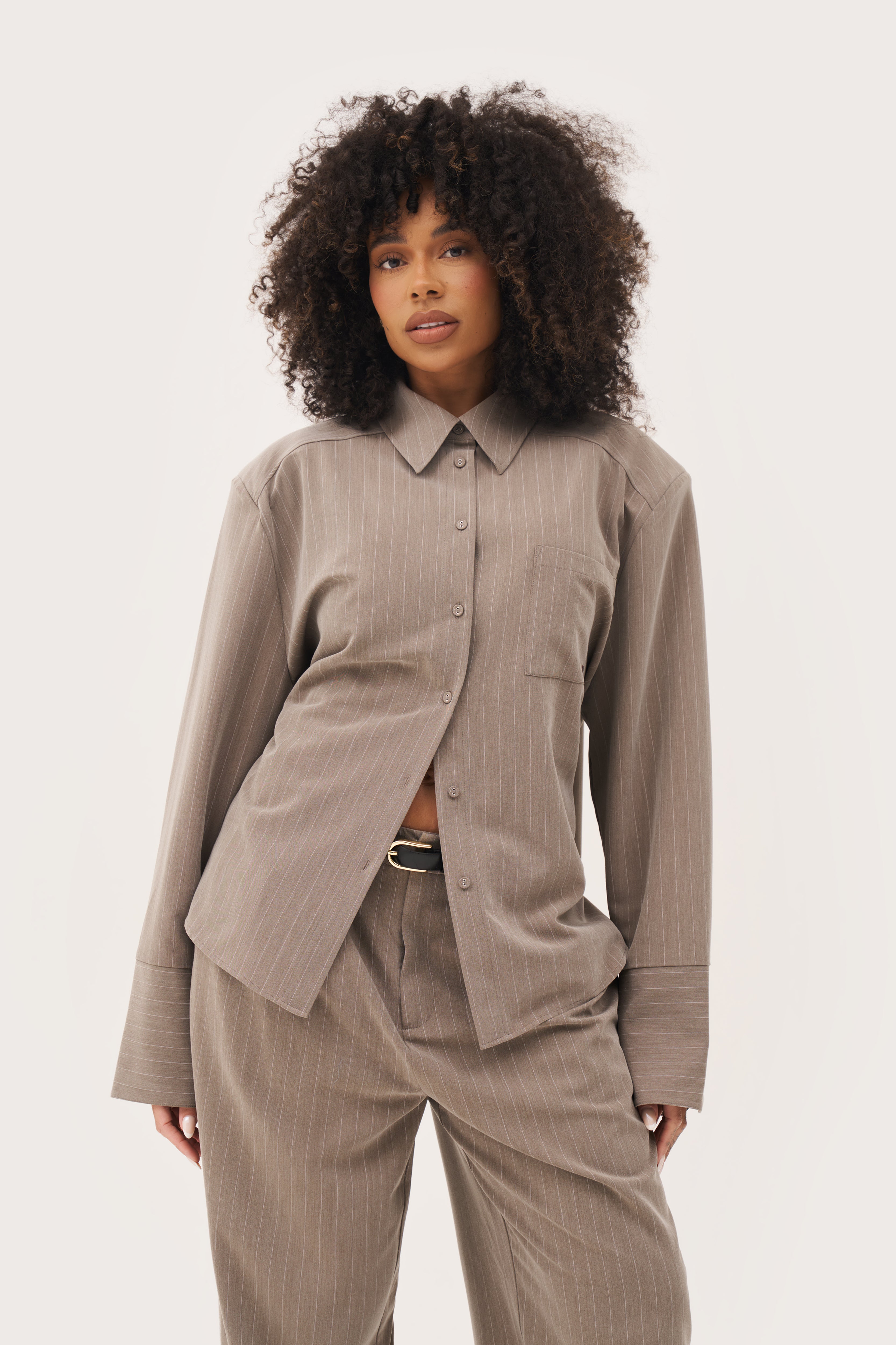 Pinstripe Oversized Shirt - Taupe
