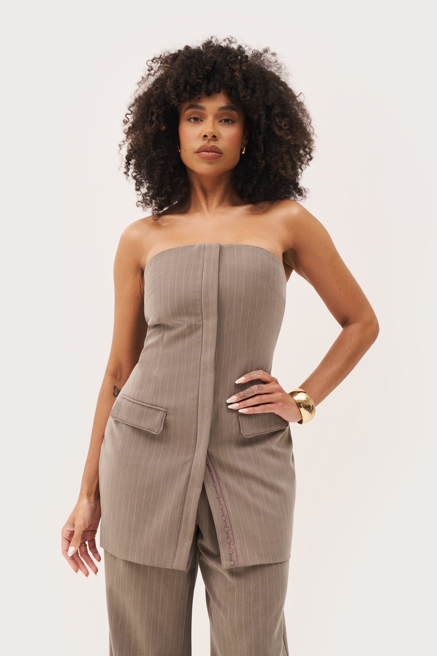 Pinstripe Bandeau Dress - Taupe