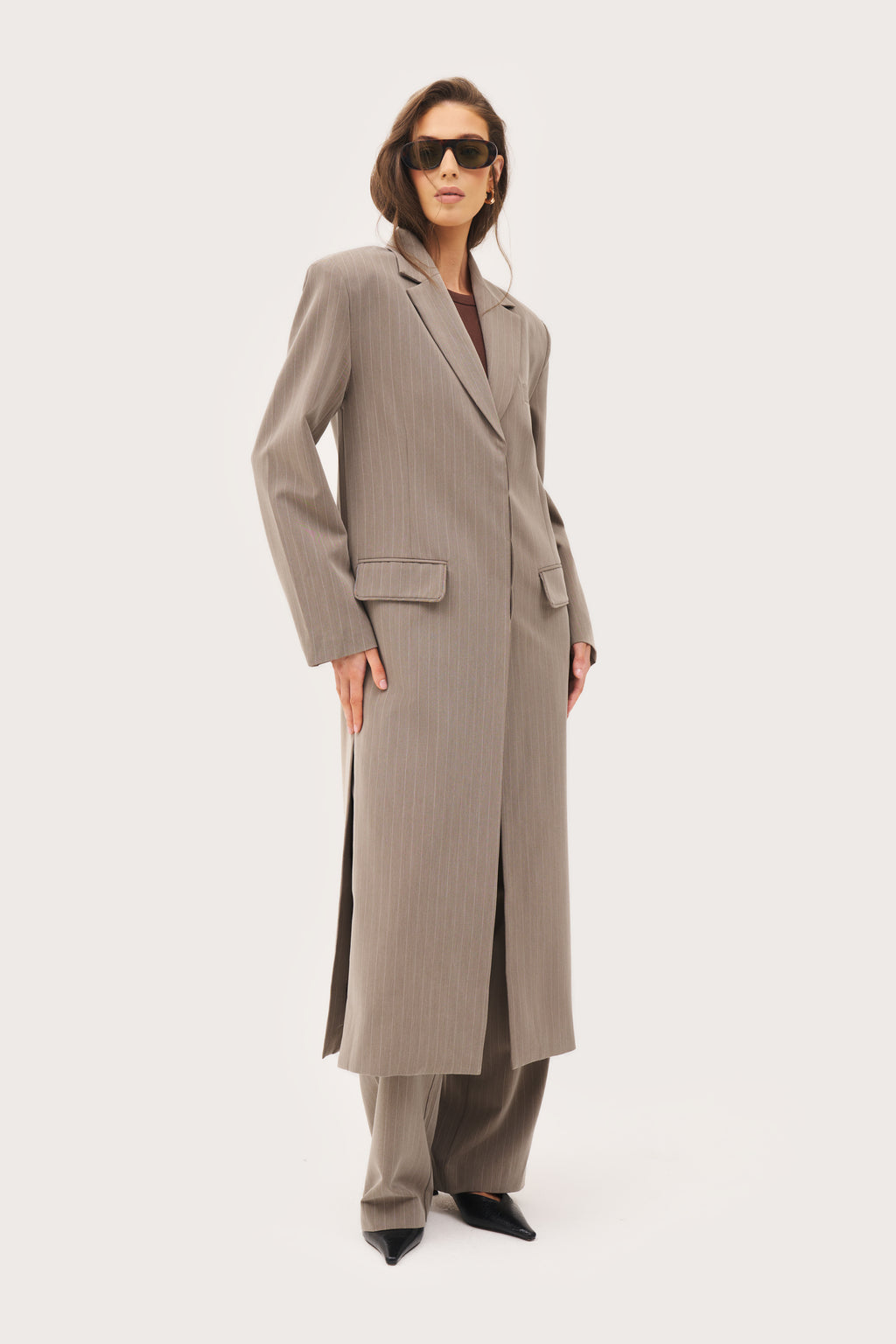 Pinstripe Longline Blazer Coat - Taupe