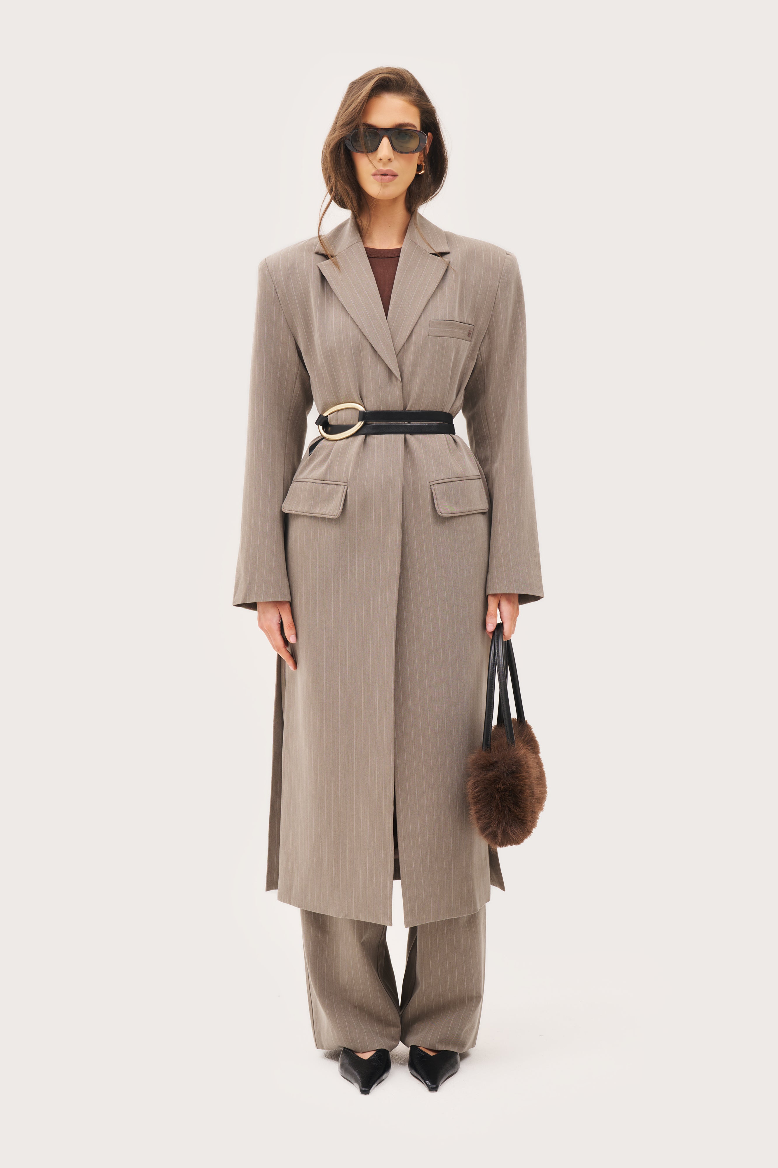 Pinstripe Longline Blazer Coat - Taupe