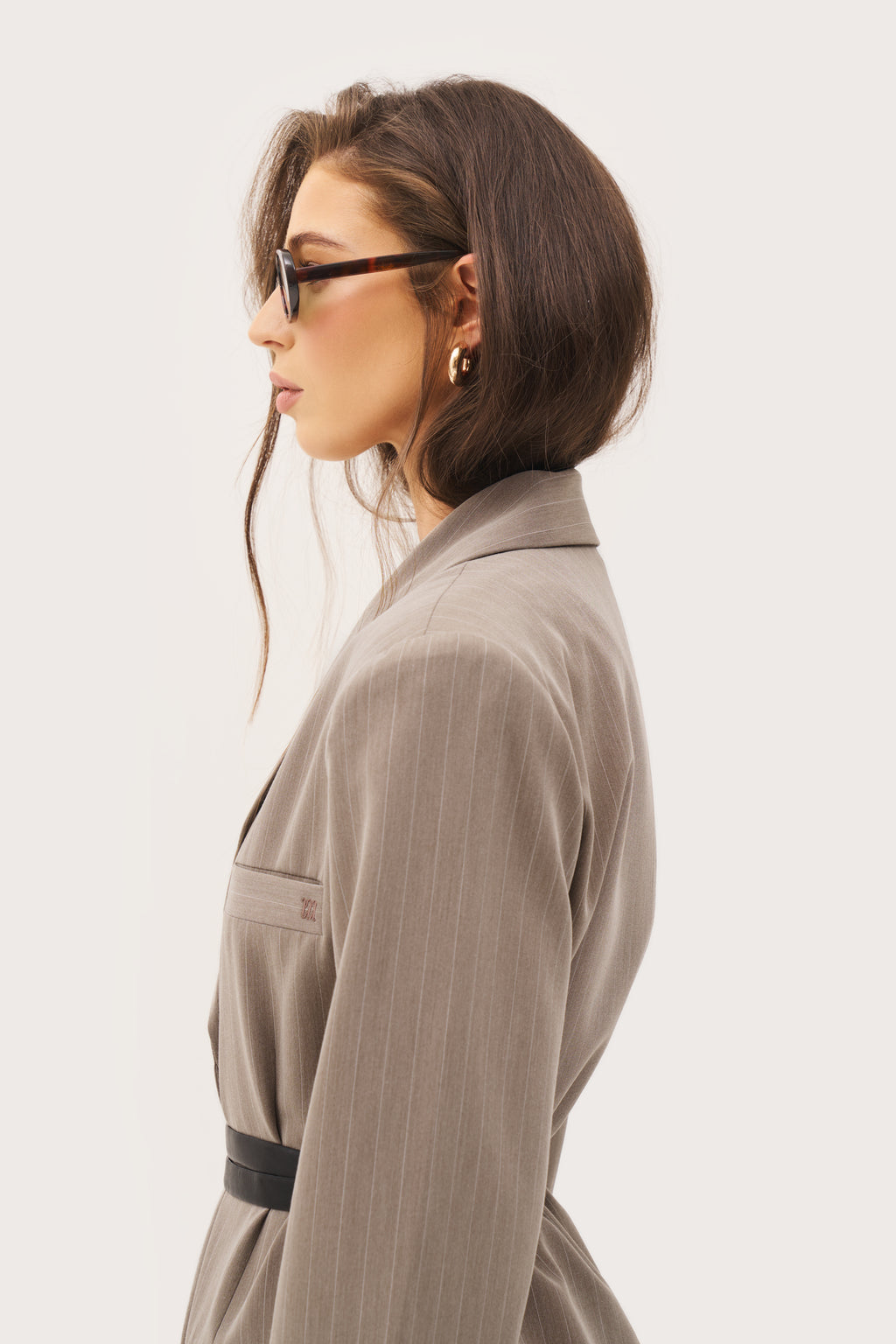 Pinstripe Longline Blazer Coat - Taupe