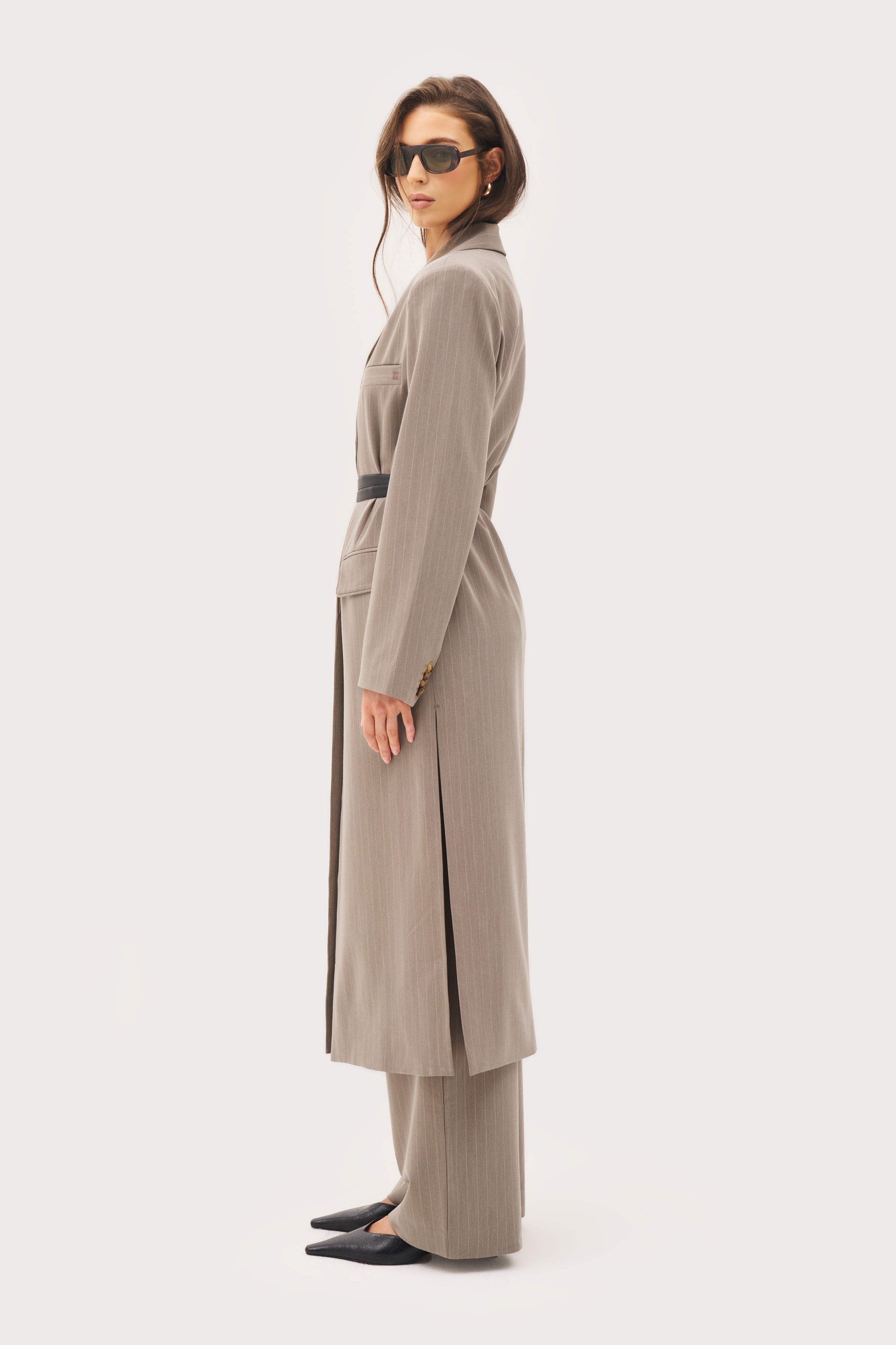 Pinstripe Longline Blazer Coat - Taupe