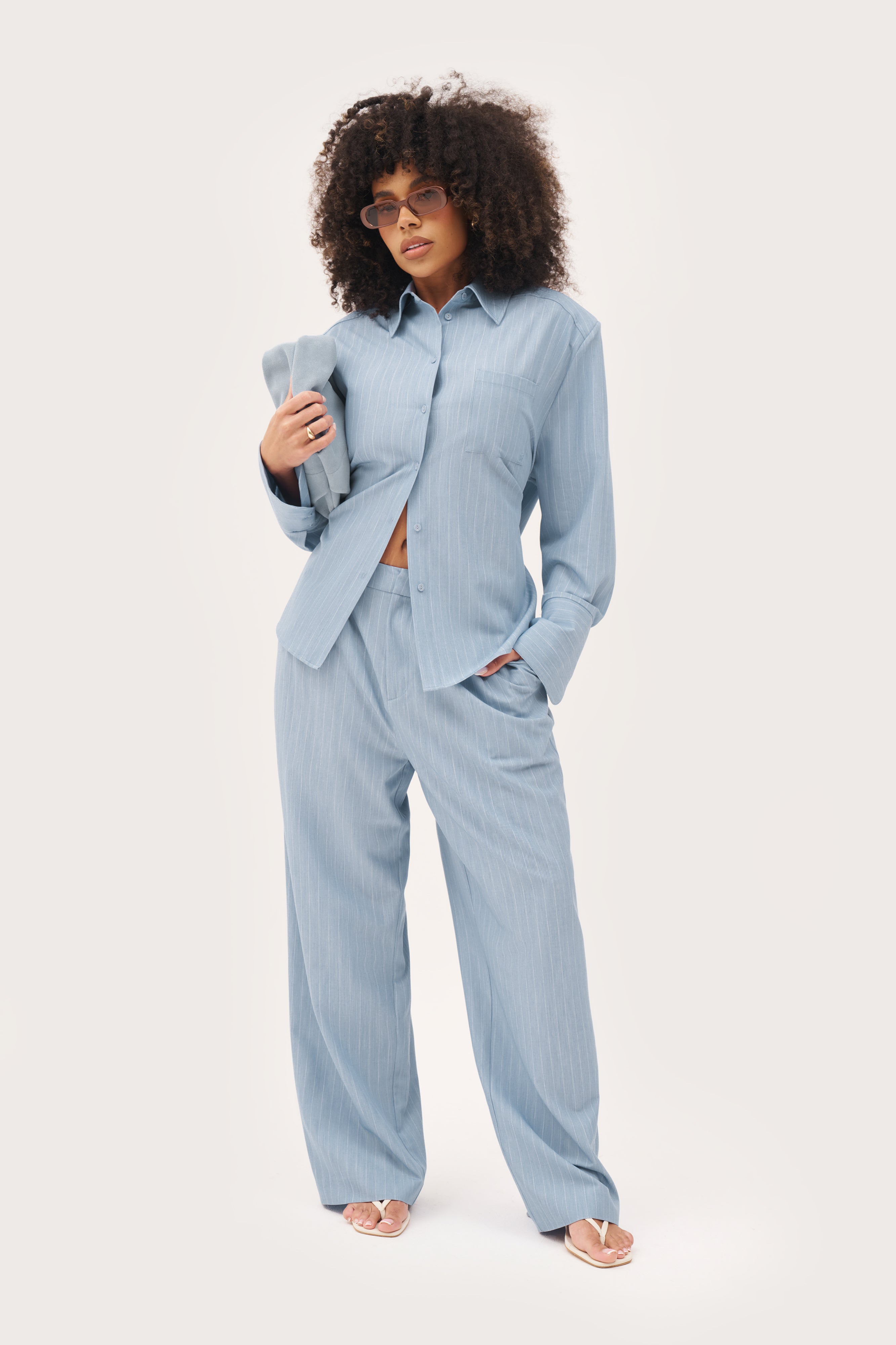 Pinstripe Oversized Shirt - Washed Blue