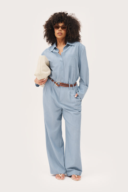 Pinstripe Tailored Trousers - Washed Blue
