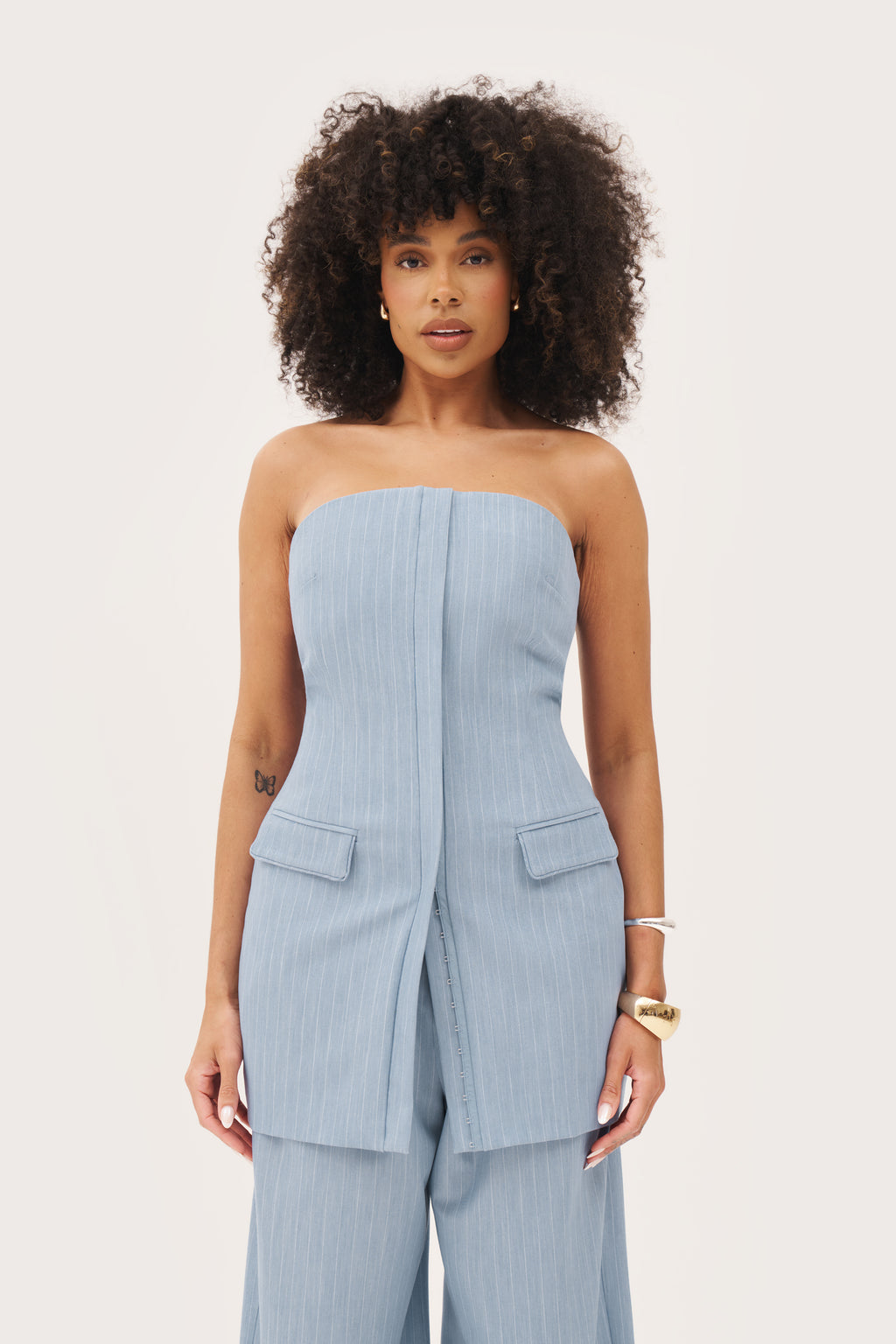 Pinstripe Bandeau Dress - Washed Blue