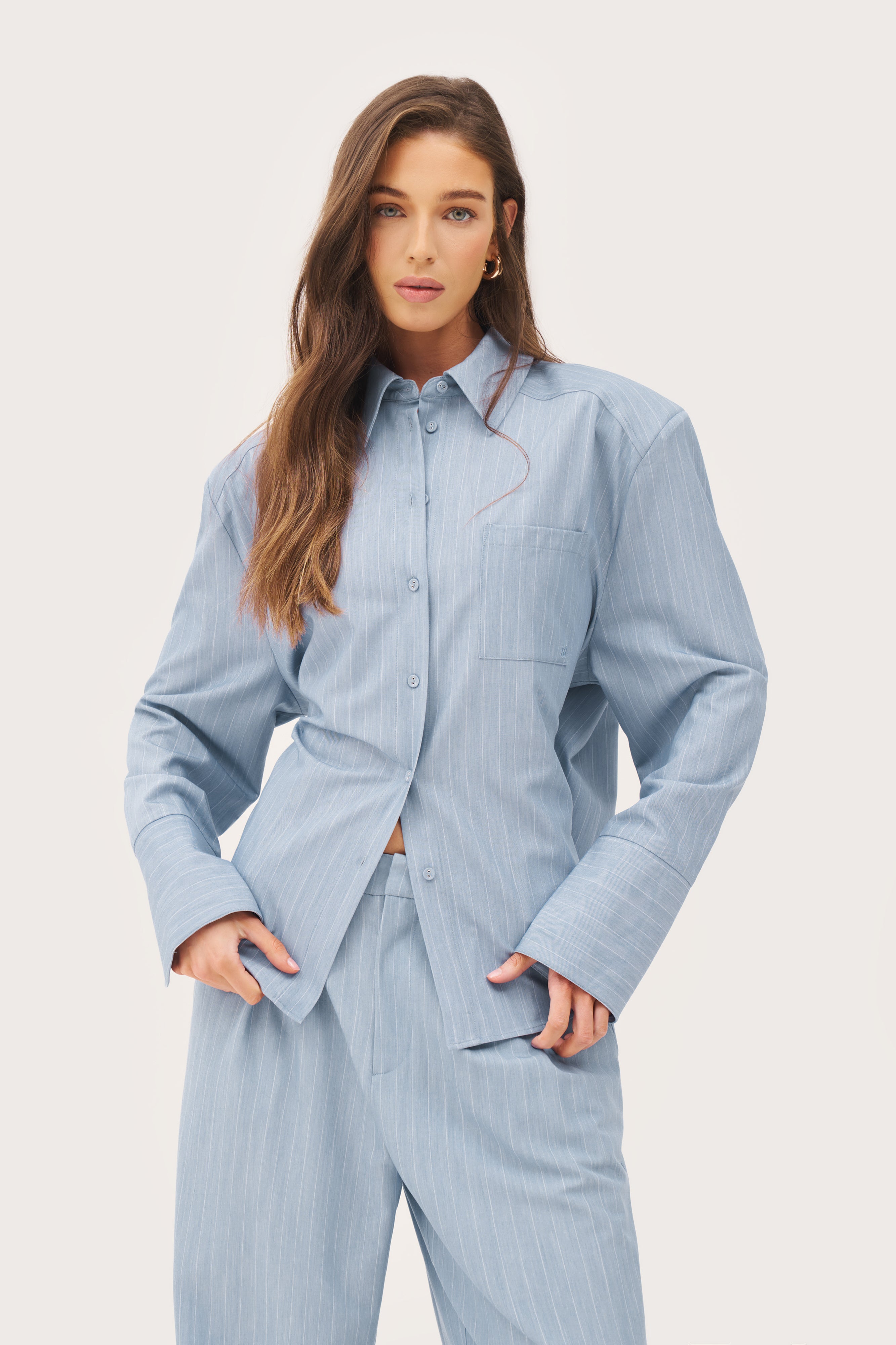 Pinstripe Oversized Shirt - Washed Blue