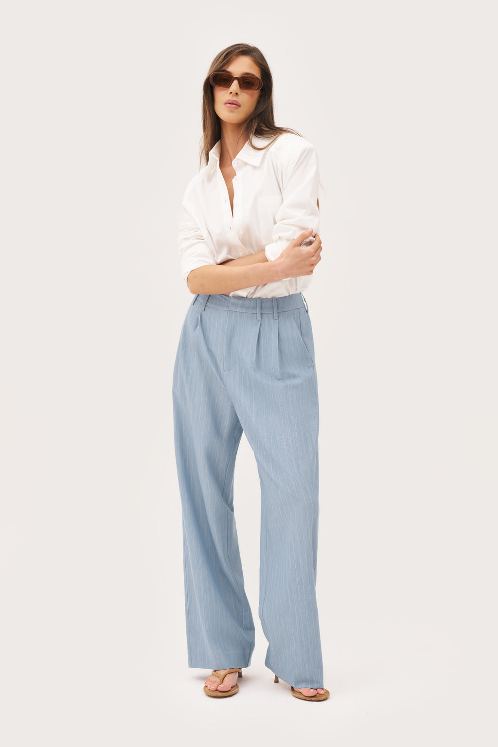 Pinstripe Tailored Trousers - Washed Blue