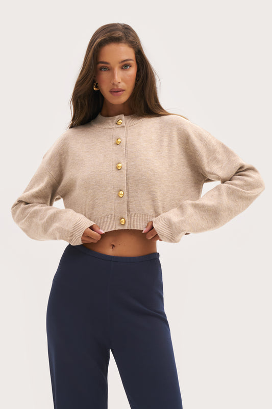 Cosy Cropped Cardigan - Beige Marl