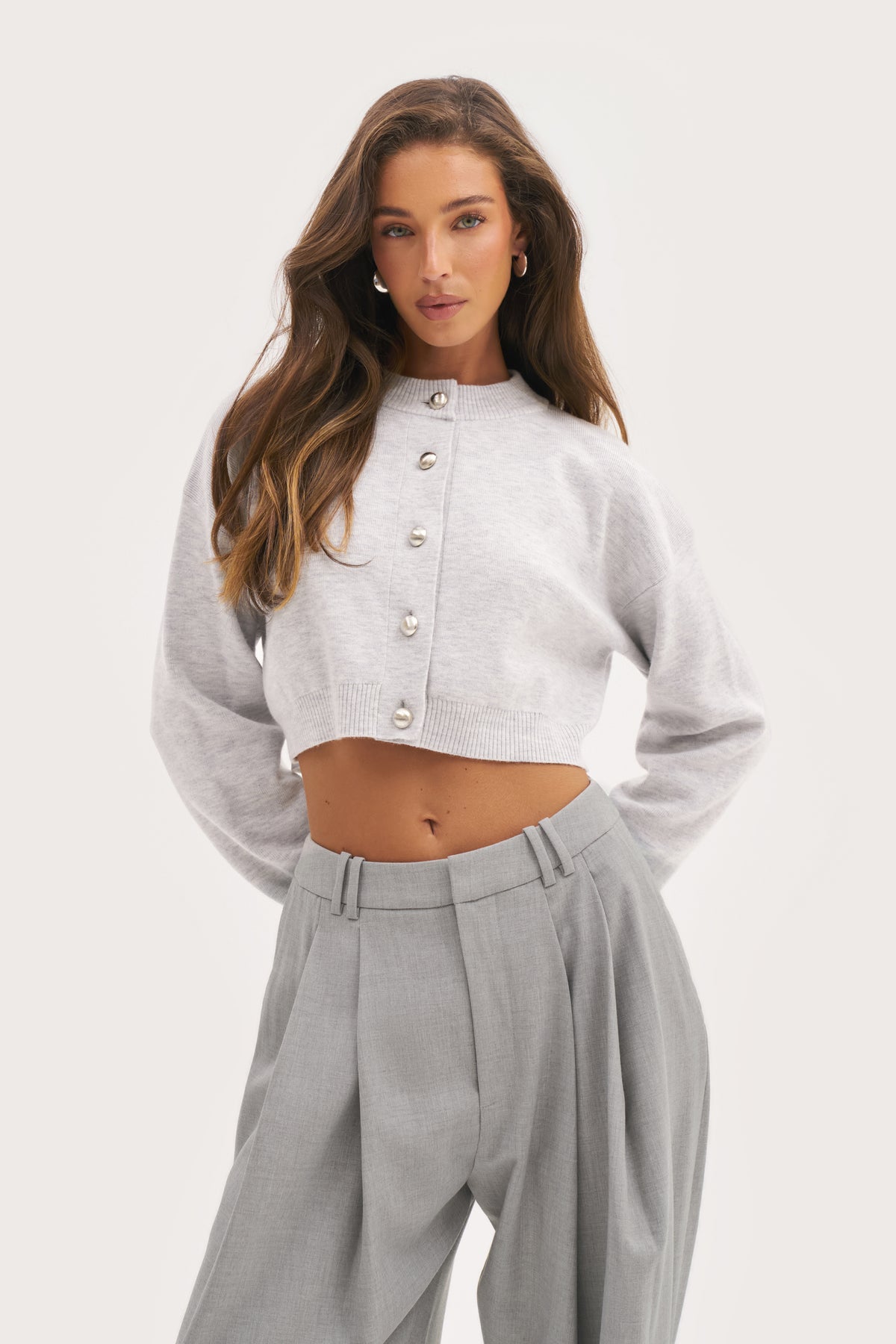 Cosy Cropped Cardigan Light Grey Marl